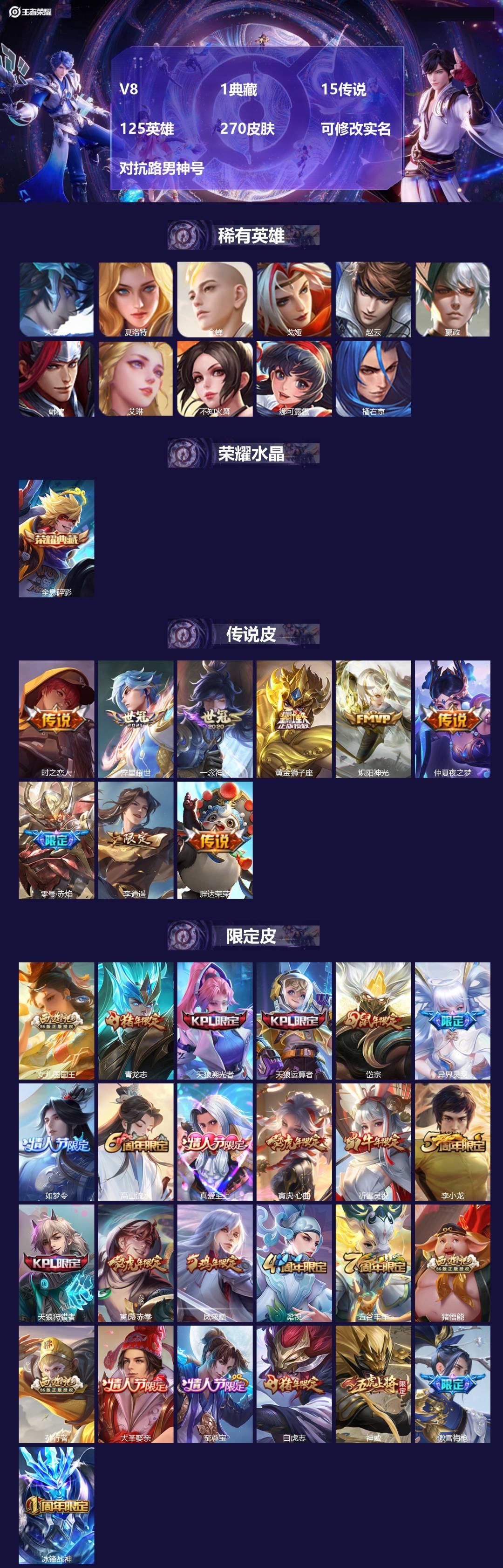 王者荣耀账号苹果QQ[]V8 1典藏 15传说 125英雄 270皮肤 可修改实名 对抗路男神号
【英雄全皮】猪八戒全皮,大禹全皮
【稀有英雄】大司命,嬴政(始皇帝),韩信(韩跳跳),夏洛特(夏师傅),艾琳,橘右京(橘子
