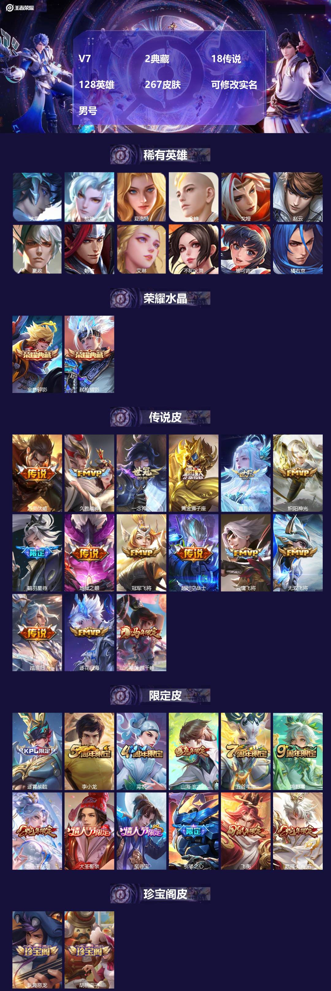 王者荣耀账号苹果QQ[18738799]V7 2典藏 18传说 128英雄 267皮肤 可修改实名 男号 
【英雄全皮】