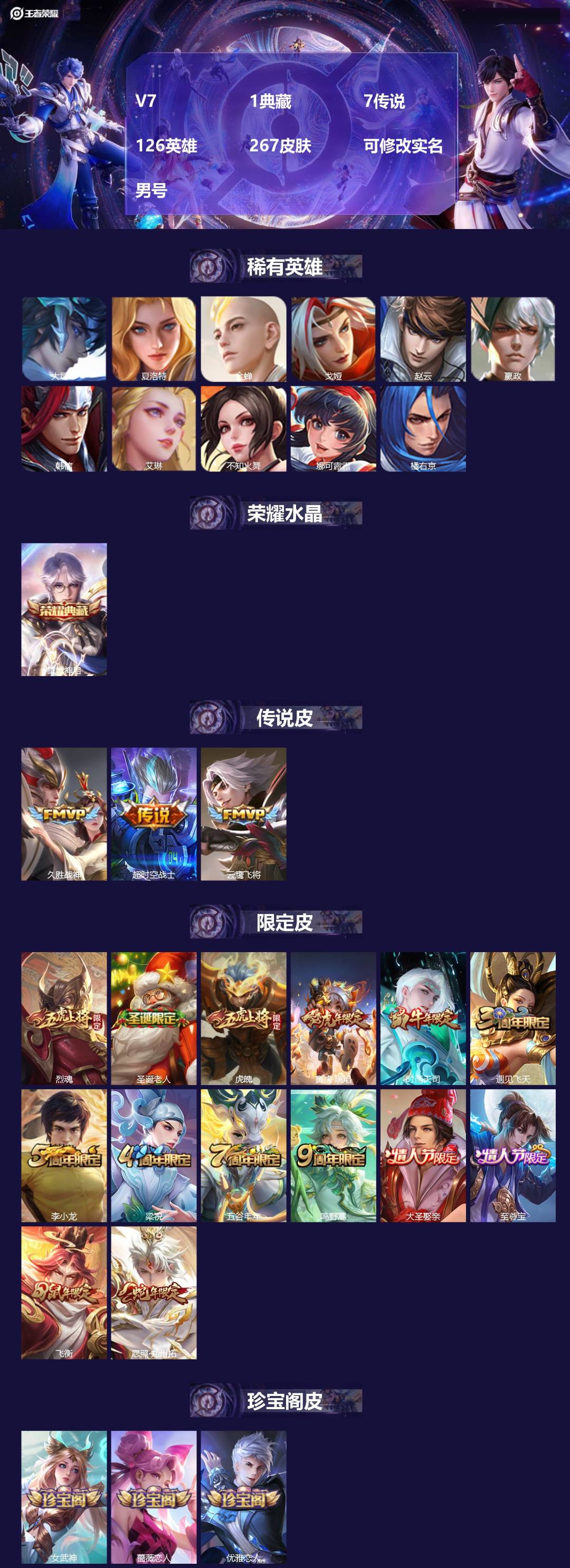 王者荣耀账号苹果VX[]V7 1典藏 7传说 126英雄 267皮肤 可修改实名 
【稀有英雄】大司命,夏洛特(夏师傅),金蝉(唐僧),戈娅,赵云,嬴政(始皇帝),韩信(韩跳跳),艾琳,不知火舞,娜可露露(鸟人),橘右京