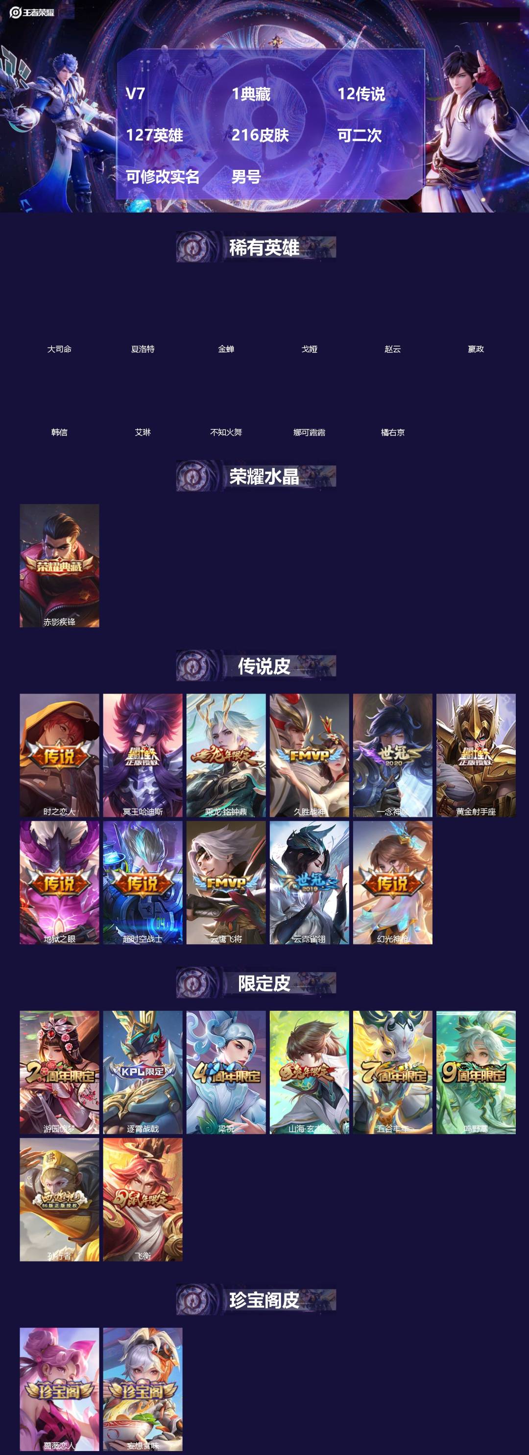 王者荣耀账号安卓QQV7 1典藏 12传说 127英雄 216皮肤 可二次 可修改实名 男号 
【英雄全皮】蚩奼全皮,大