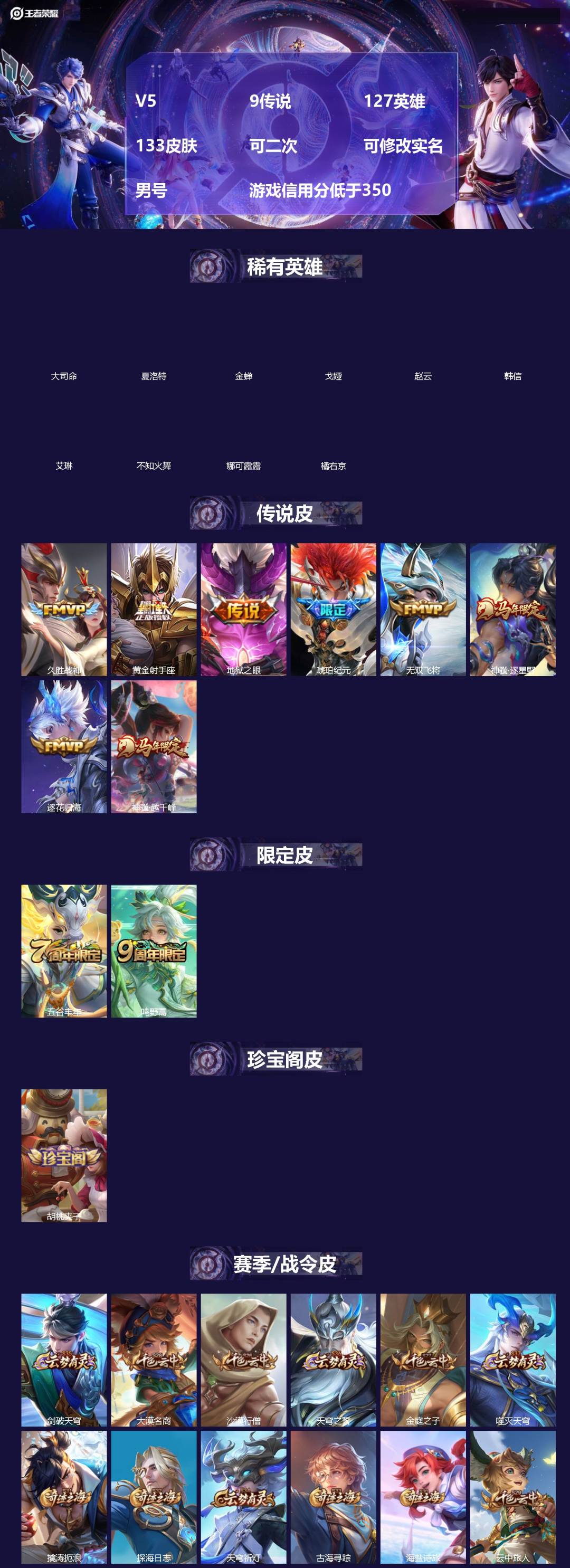 王者荣耀账号苹果QQ[]V5 9传说 127英雄 133皮肤 可二次 可修改实名 男号 游戏信用分低于350
【英雄全皮】孙权全皮,蚩奼全皮,大禹全皮
【稀有英雄】大司命,韩信(韩跳跳),夏洛特(夏师傅),艾琳,橘右京(