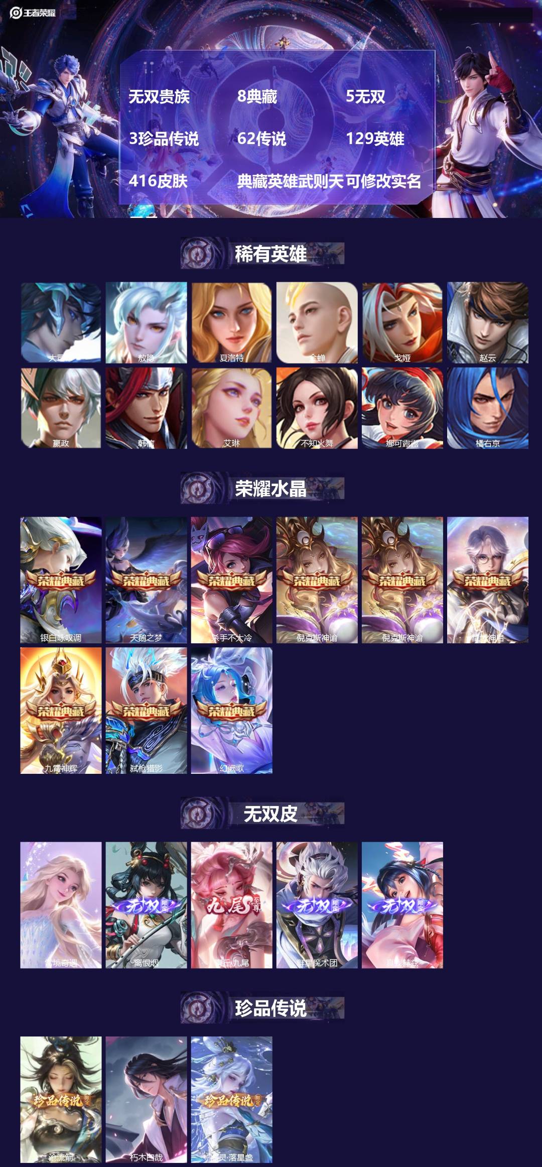 王者荣耀账号苹果QQ[]无双贵族 8典藏 5无双 3珍品传说 62传说 129英雄 416皮肤 典藏英雄武则天 可修改实名 男号 
【英雄全皮】娜可露露全皮,蒙恬全皮,敖隐全皮,空空儿全皮,孙权全皮,蚩奼全皮,海诺全皮,