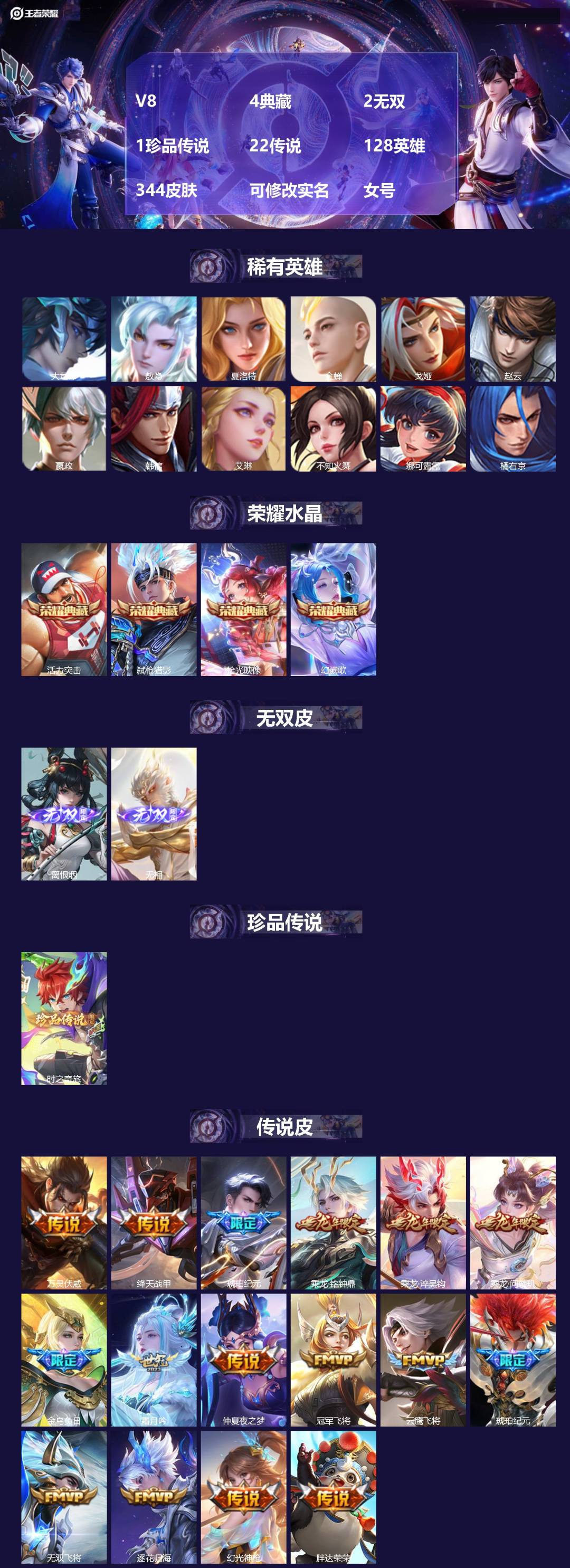 王者荣耀账号安卓QQ[18761290]V8 4典藏 2无双 1珍品传说 22传说 128英雄 344皮肤 可修改实名 