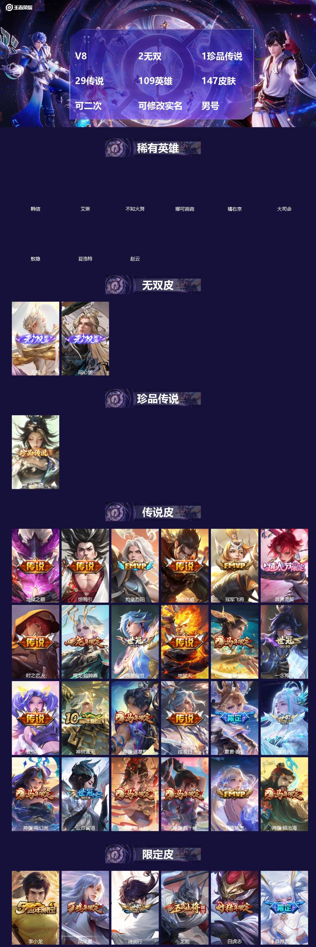 王者荣耀账号苹果VX[]V8 2无双 1珍品传说 29传说 109英雄 147皮肤 可二次 可修改实名 男号 
【英雄全皮】敖隐全皮,孙权全皮,蚩奼全皮,影全皮,大禹全皮
【稀有英雄】敖隐(小龙人),大司命,韩信(韩跳跳