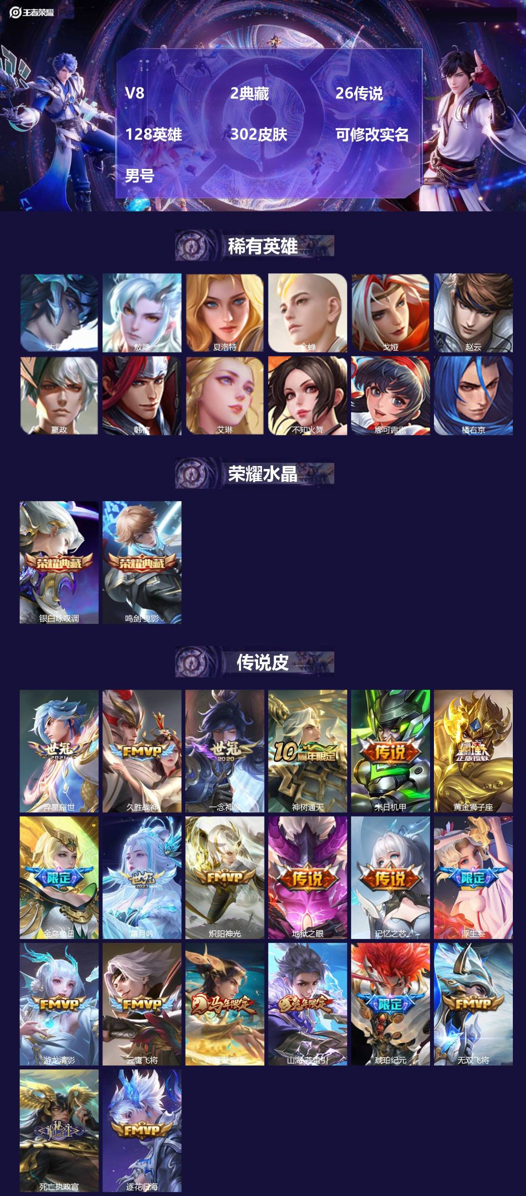 王者荣耀账号苹果QQ[18796383]V8 2典藏 26传说 128英雄 302皮肤 可修改实名 男号 
【英雄全皮】