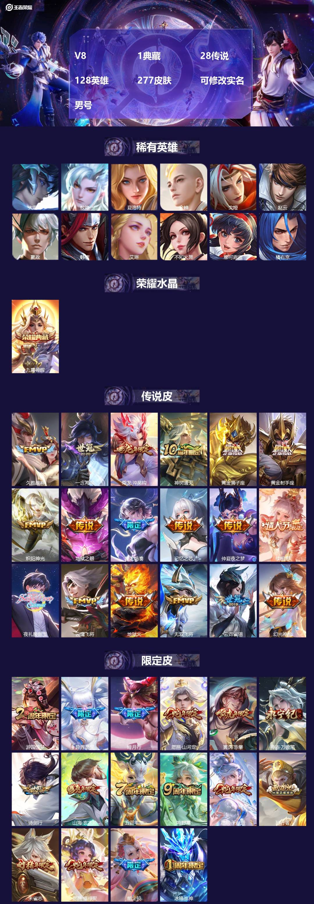 王者荣耀账号安卓QQ[18796466]V8 1典藏 28传说 128英雄 277皮肤 可修改实名 男号 
【英雄全皮】