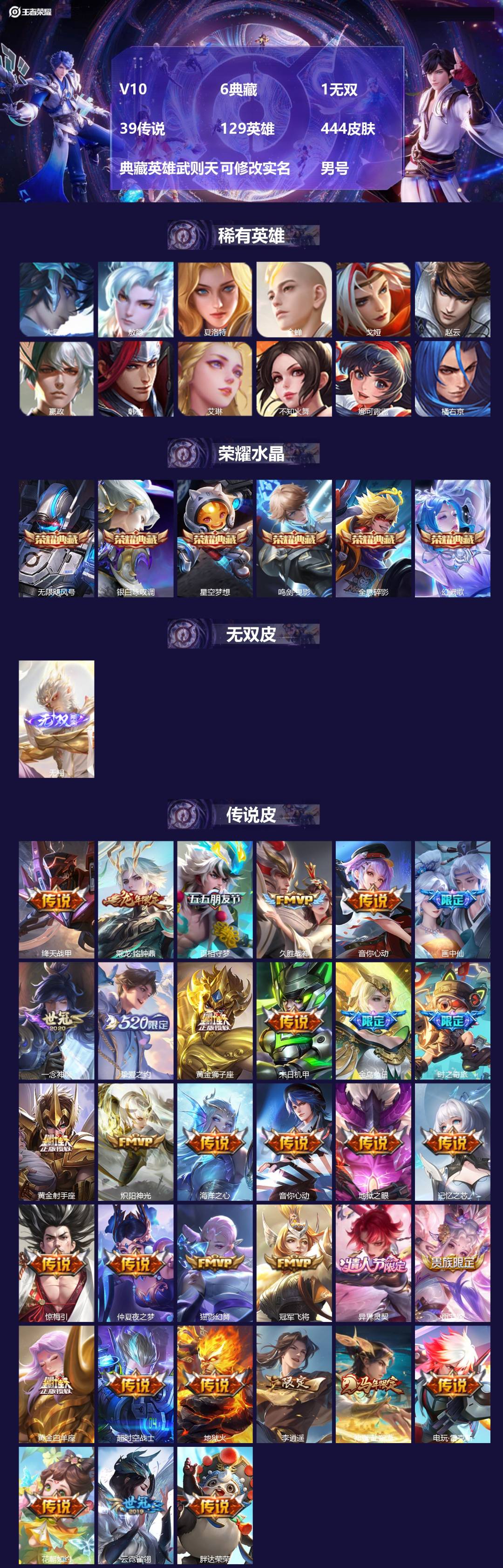 王者荣耀账号苹果QQ[]V10 6典藏 1无双 39传说 129英雄 444皮肤 典藏英雄武则天 可修改实名 男号 
【英雄全皮】敖隐全皮,孙权全皮,鬼谷子全皮,猪八戒全皮,影全皮,大禹全皮
【稀有英雄】敖隐(小龙人),