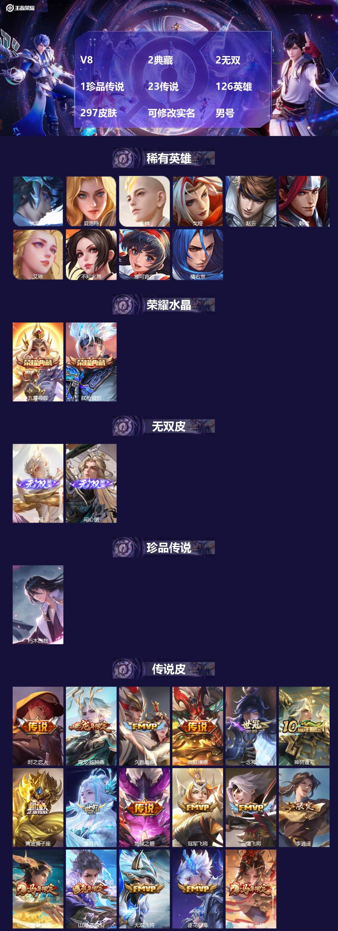 王者荣耀账号安卓QQ[]V8 2典藏 2无双 1珍品传说 23传说 126英雄 297皮肤 可修改实名 男号 
【英雄全皮】蒙恬全皮,孙权全皮,蚩奼全皮,大禹全皮
【稀有英雄】大司命,韩信(韩跳跳),夏洛特(夏师傅),艾