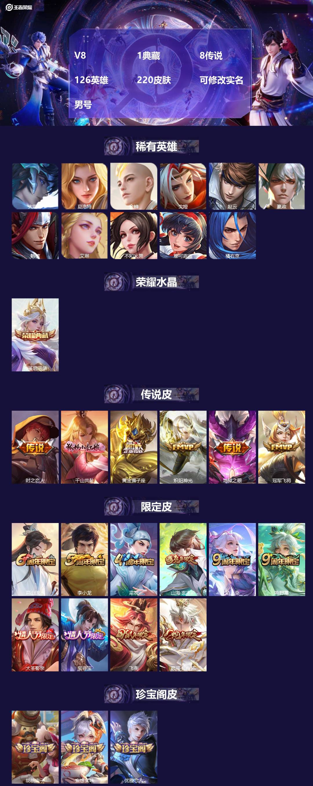 王者荣耀账号苹果QQ[]V8 1典藏 8传说 126英雄 220皮肤 可修改实名 男号 
【英雄全皮】刘备全皮,孙权全皮,蚩奼全皮
【稀有英雄】大司命,嬴政(始皇帝),韩信(韩跳跳),夏洛特(夏师傅),艾琳,橘右京(橘子