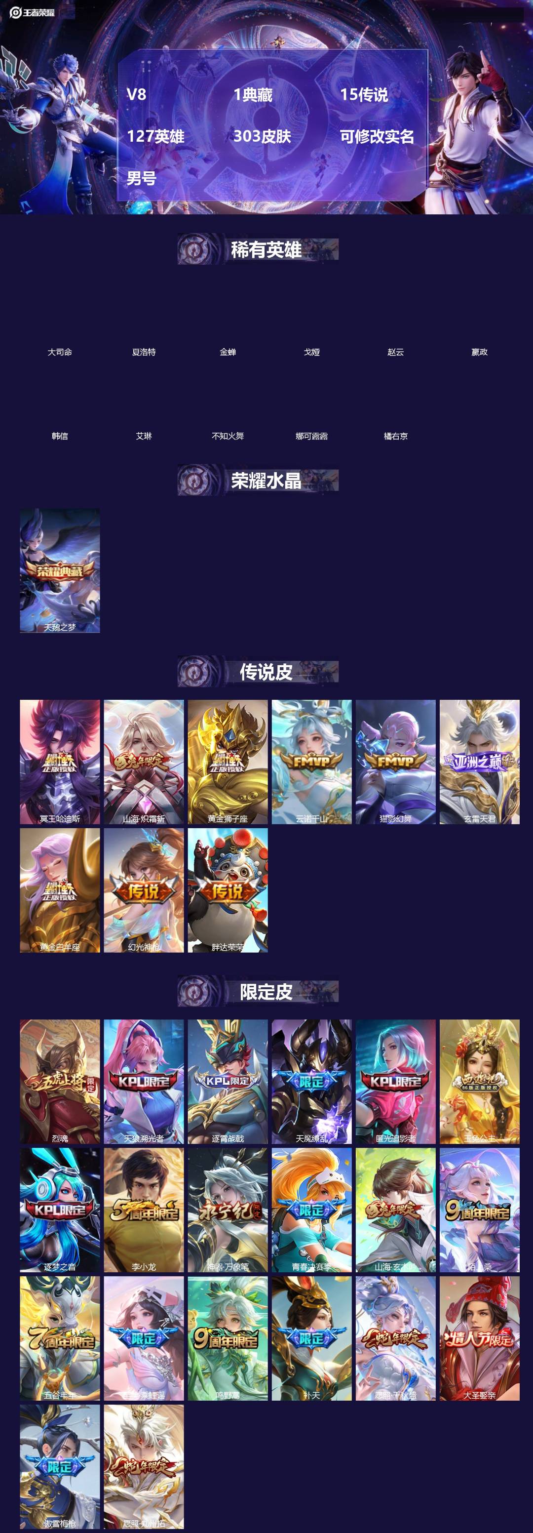 王者荣耀账号安卓QQ[]V8 1典藏 15传说 127英雄 303皮肤 可修改实名 男号 
【英雄全皮】大禹全皮
【稀有英雄】大司命,嬴政(始皇帝),韩信(韩跳跳),夏洛特(夏师傅),艾琳,橘右京(橘子),娜可露露(鸟人