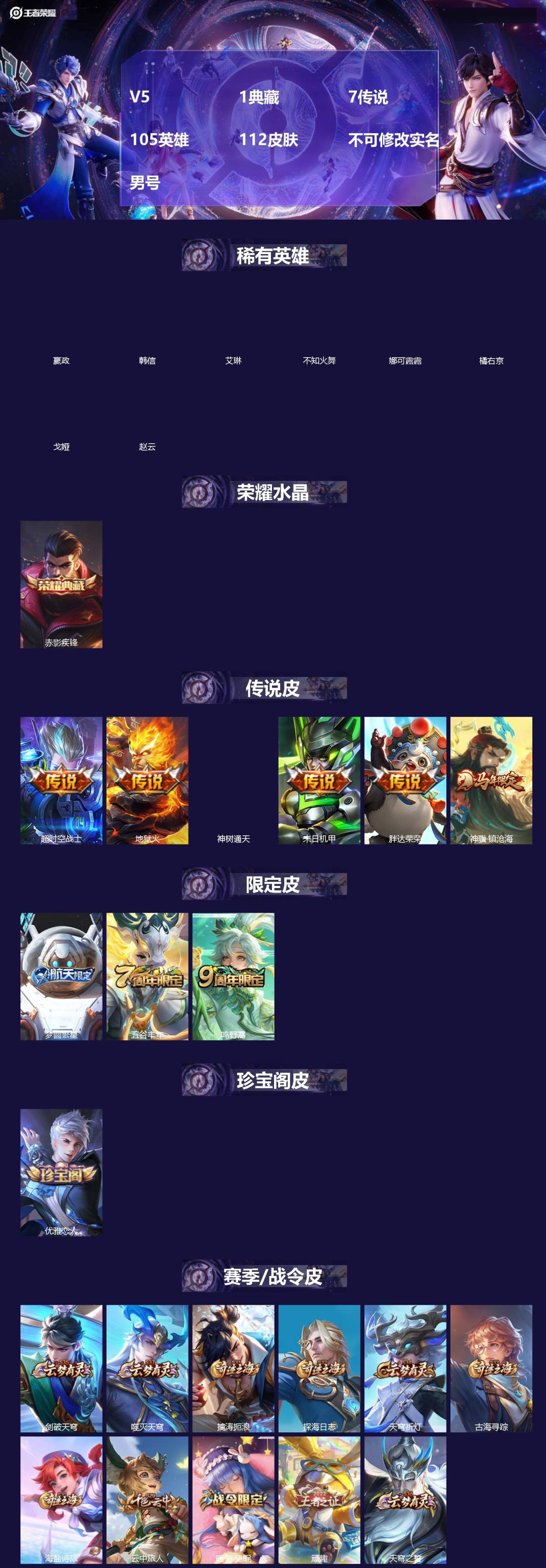 王者荣耀账号安卓QQ[]V5 1典藏 7传说 105英雄 112皮肤 不可修改实名 男号 
【英雄全皮】蒙恬全皮,蚩奼全皮,大禹全皮
【稀有英雄】嬴政(始皇帝),韩信(韩跳跳),艾琳,橘右京(橘子),娜可露露(鸟人),不