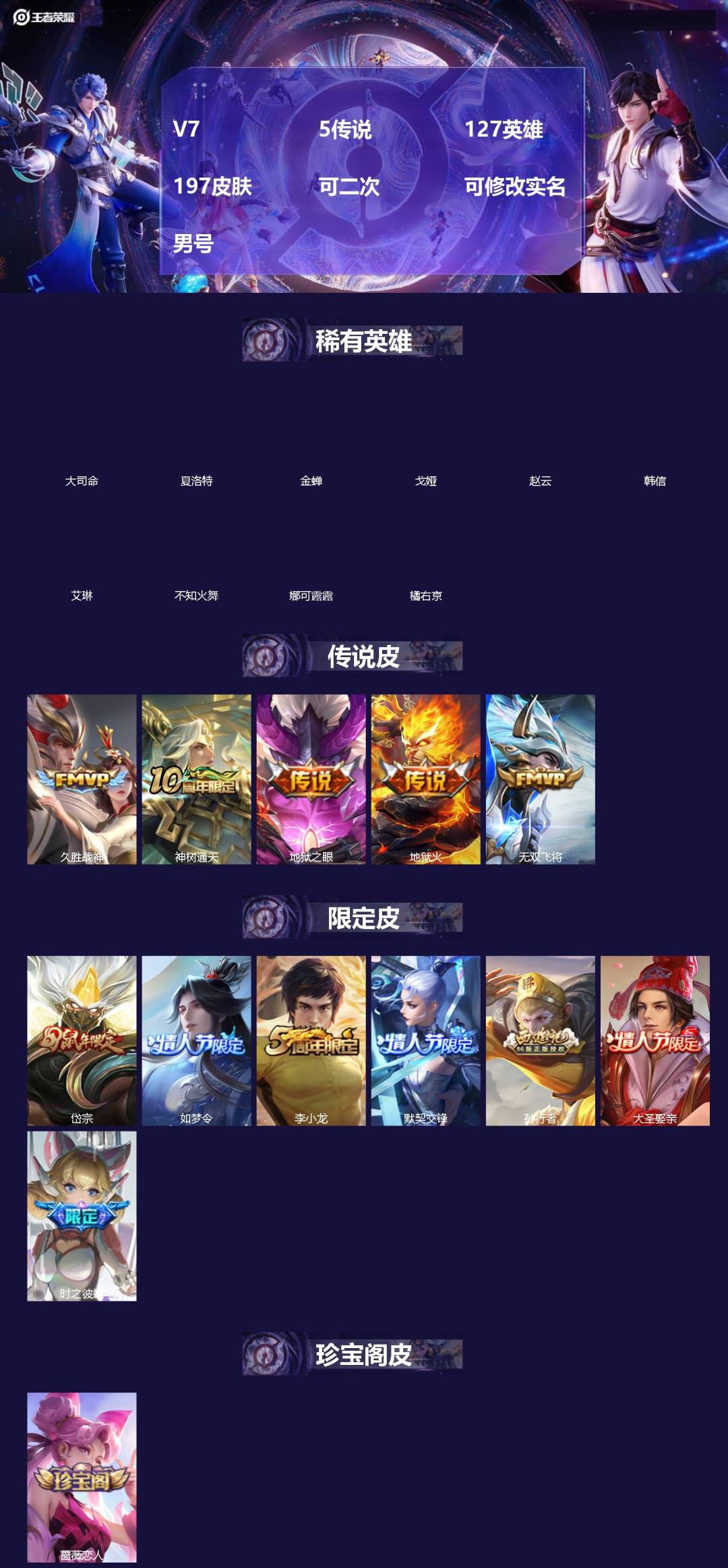 王者荣耀账号苹果QQV7 5传说 127英雄 197皮肤 可二次 可修改实名 男号 
【英雄全皮】孙权全皮,蚩奼全皮,影