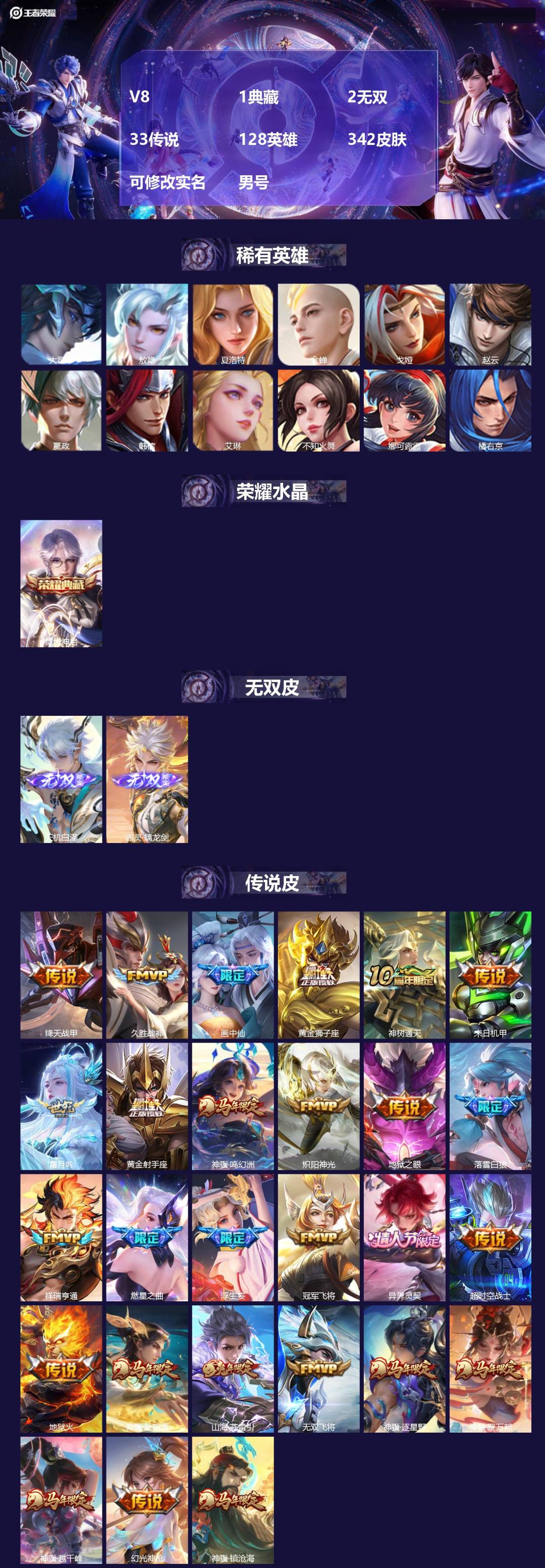 王者荣耀账号安卓QQ[]V8 1典藏 2无双 33传说 128英雄 342皮肤 可修改实名 男号 
【英雄全皮】哪吒全皮,敖隐全皮,空空儿全皮,孙权全皮,蚩奼全皮,刘禅全皮,戈娅全皮,大禹全皮
【稀有英雄】敖隐(小龙人)