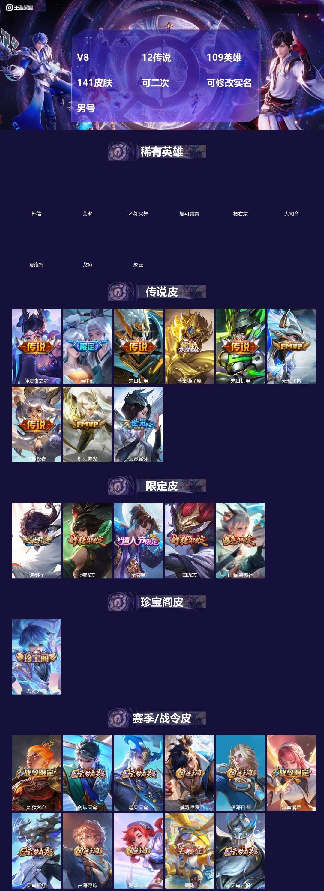 王者荣耀账号苹果VX[]V8 12传说 109英雄 141皮肤 可二次 可修改实名 男号 
【英雄全皮】蚩奼全皮
【稀有英雄】大司命,韩信(韩跳跳),夏洛特(夏师傅),艾琳,橘右京(橘子),娜可露露(鸟人),不知火舞,赵
