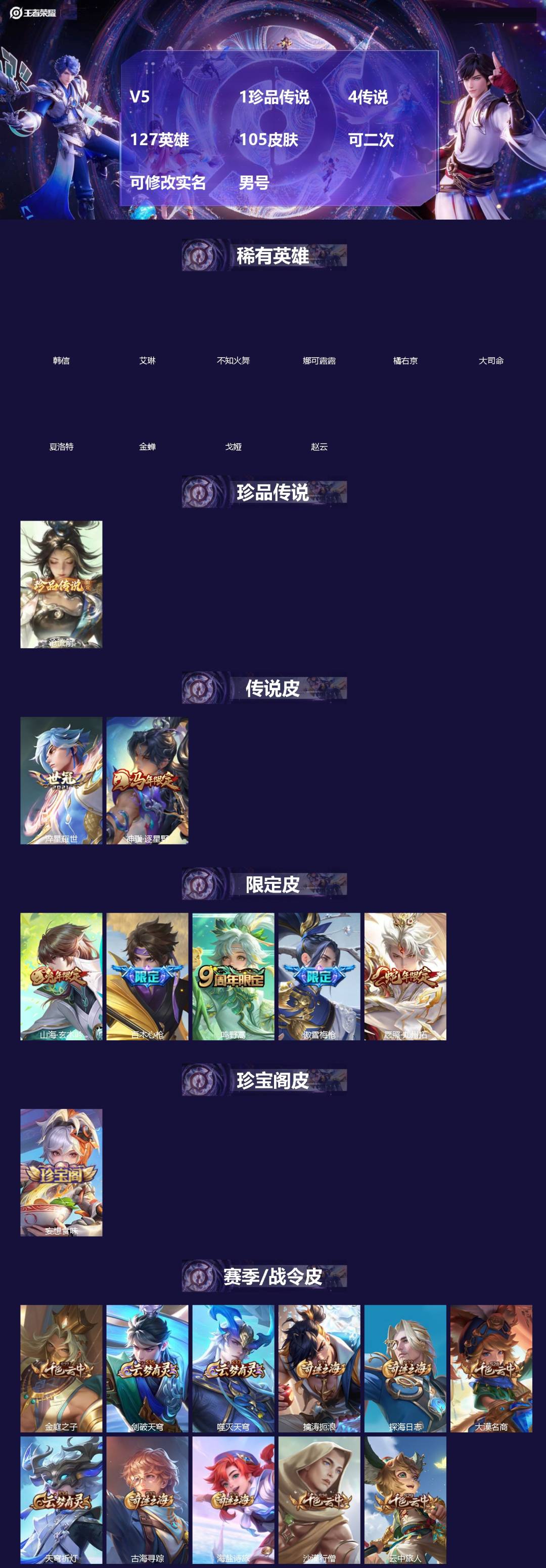 王者荣耀账号苹果VX[]V5 1珍品传说 4传说 127英雄 105皮肤 可二次 可修改实名 男号 
【英雄全皮】大禹全皮
【稀有英雄】大司命,韩信(韩跳跳),夏洛特(夏师傅),艾琳,橘右京(橘子),娜可露露(鸟人),不