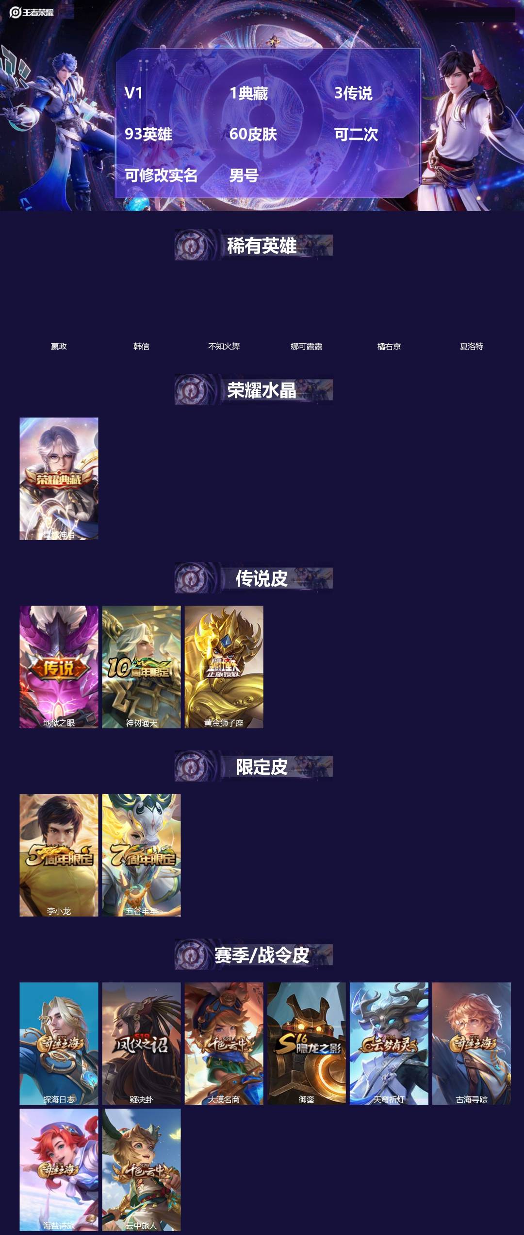 王者荣耀账号安卓QQ93英雄-60皮肤-[]V1 1典藏 3传说 93英雄 60皮肤 可二次 可修改实名 男号 
【稀有英雄】嬴政(始皇帝),韩信(韩跳跳),夏洛特(夏师傅),橘右京(橘子),娜可露露(鸟人),不知火舞
