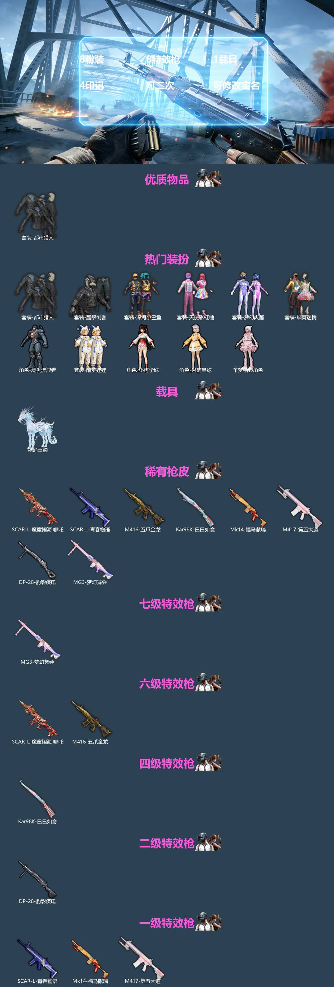 和平精英账号苹果QQ[]8粉装 8特效枪 1载具 4印记 可二次 可修改实名 
【热门装扮】羊梦糖心,梦幻火箭(新101) ,天使彩虹糖,蝶舞迷情,酣梦娃娃,复仇流浪者,呆萌星弥,小可学妹,鹰眼刺客,深海小丑鱼,都市猎人