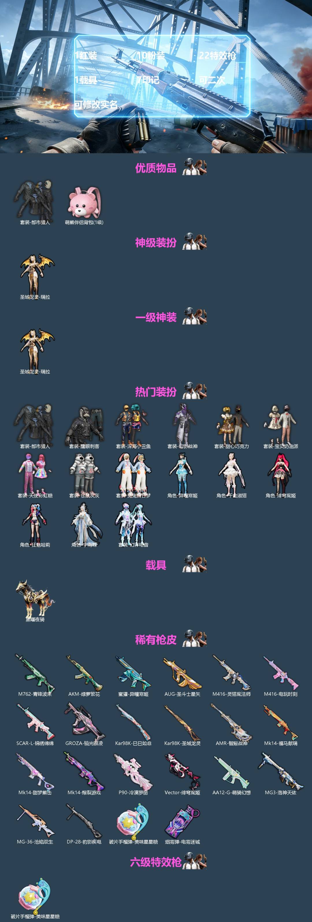 和平精英账号苹果QQ[]1红装 10粉装 22特效枪 1载具 7印记 可二次 可修改实名 
【一级神装】一级圣域龙灵-瑞拉
【热门装扮】千金淑猫,幻彩电音,狂魅哈莉,宁雨蝶,绯穹魔姬,异瞳寒姬,甜心巧克力,天使彩虹糖,幻