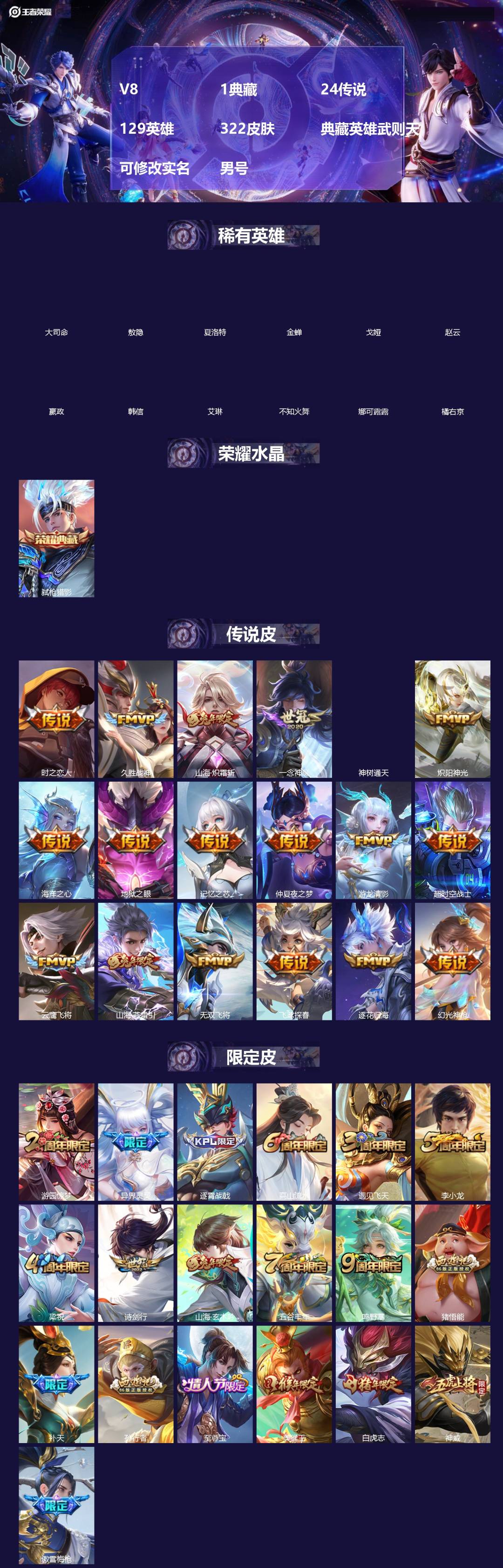王者荣耀账号安卓QQ[]V8 1典藏 24传说 129英雄 322皮肤 典藏英雄武则天 可修改实名 男号 
【英雄全皮】敖隐全皮,蚩奼全皮,大禹全皮
【稀有英雄】敖隐(小龙人),大司命,嬴政(始皇帝),韩信(韩跳跳),夏