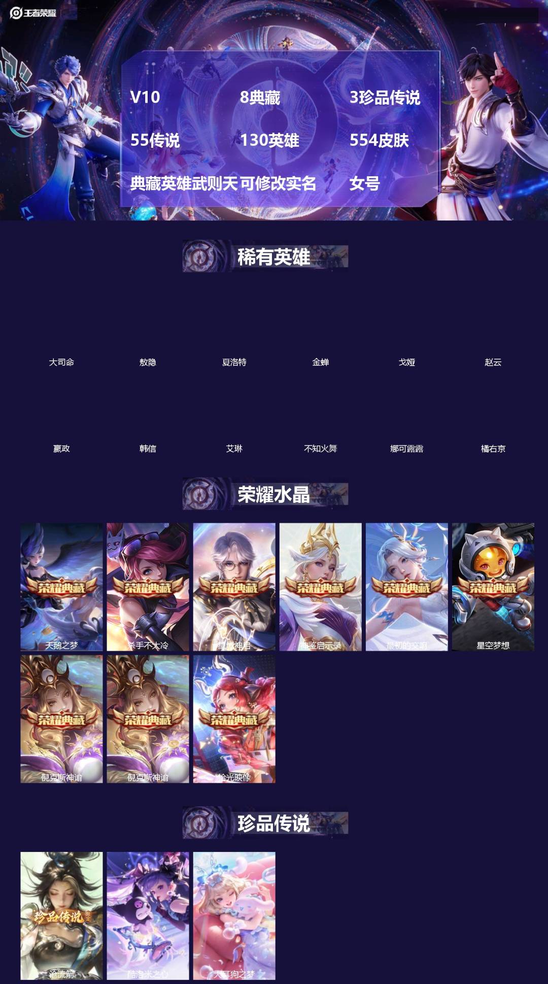 王者荣耀账号安卓VX[]V10 8典藏 3珍品传说 55传说 130英雄 554皮肤 典藏英雄武则天 可修改实名 女号 
【英雄全皮】司空震全皮,阿古朵全皮,蒙恬全皮,沈梦溪全皮,弈星全皮,敖隐全皮,空空儿全皮,孙权全皮