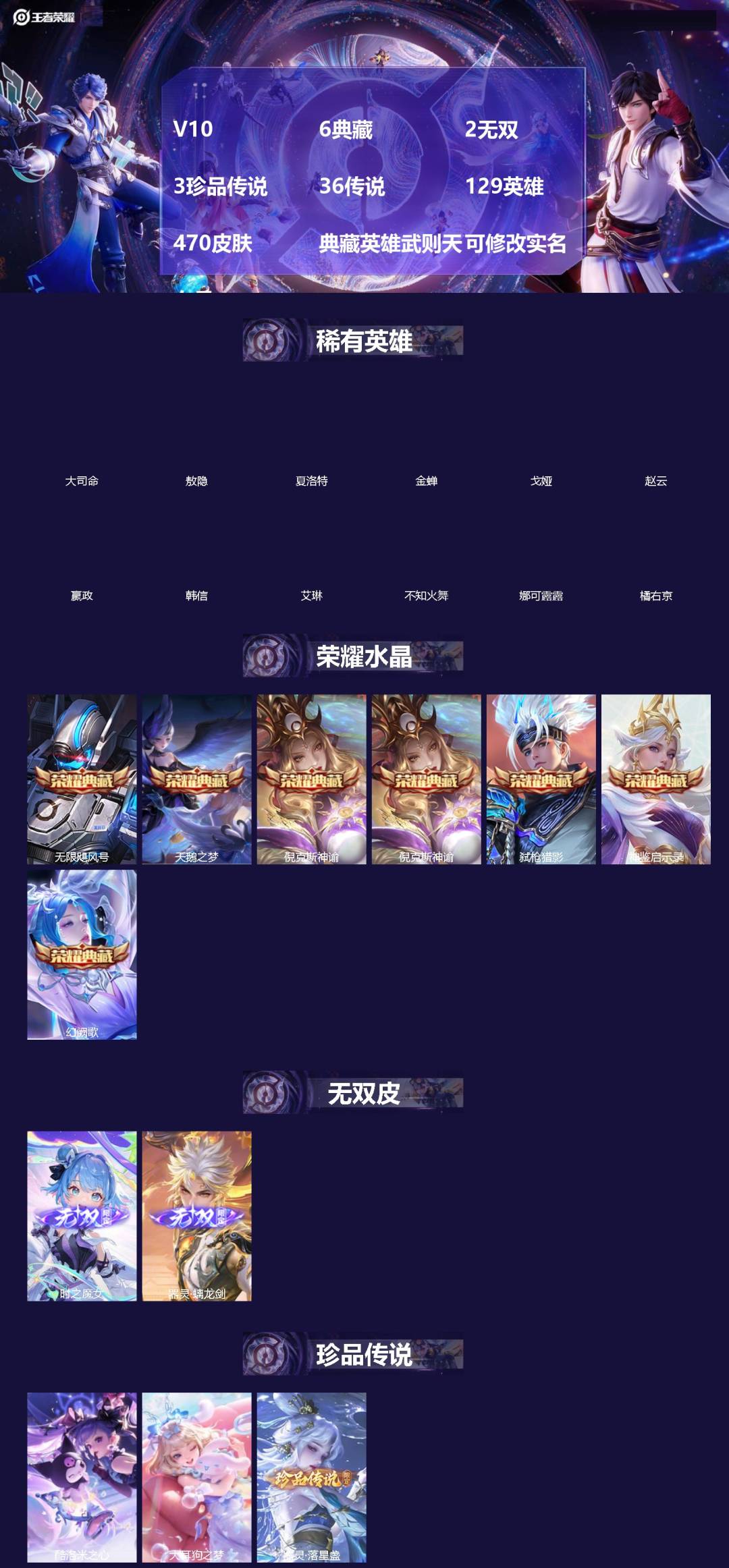王者荣耀账号苹果VX[]V10 6典藏 2无双 3珍品传说 36传说 129英雄 470皮肤 典藏英雄武则天 可修改实名 女号 
【英雄全皮】司空震全皮,阿古朵全皮,空空儿全皮,孙权全皮,苍全皮,狂铁全皮,戈娅全皮,鲁班