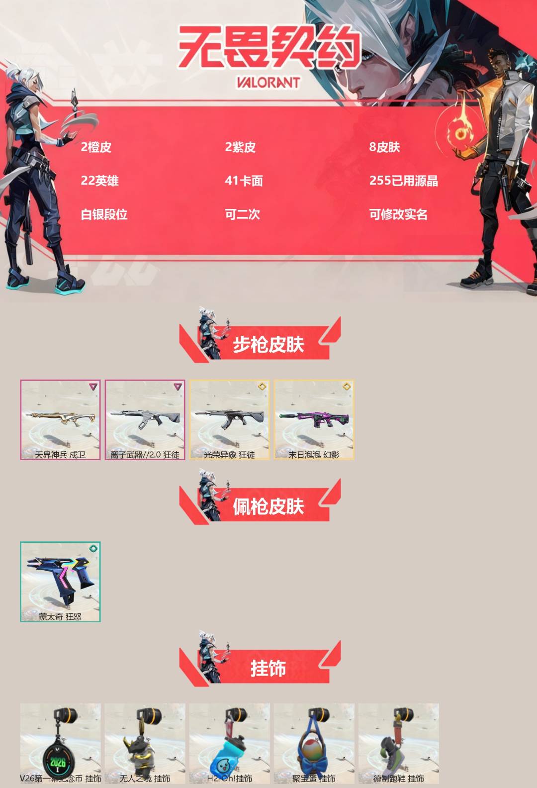 无畏契约账号QQ[]2橙皮 2紫皮 8皮肤 22英雄 41卡面 255已用源晶 白银段位 可二次 可修改实名 
【佩枪皮肤】蒙太奇 狂怒
【步枪皮肤】狂徒-离子武器2.0,幻影-末日泡泡,狂徒-光荣异象,戍卫-天界神