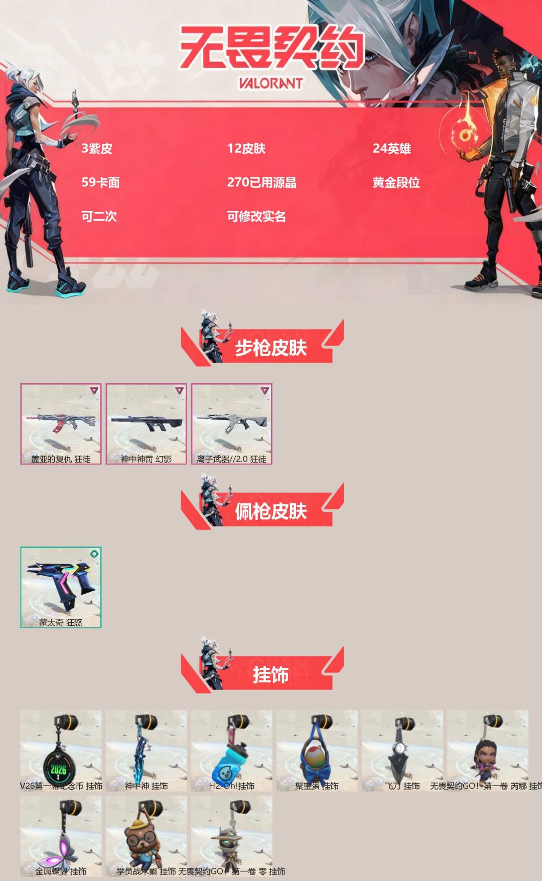 无畏契约账号QQ[]3紫皮 12皮肤 24英雄 59卡面 270已用源晶 黄金段位 可二次 可修改实名 
【佩枪皮肤】蒙太奇 狂怒
【步枪皮肤】幻影-神中神罚,狂徒-离子武器2.0,狂徒-盖亚的复仇
【挂饰】V26第