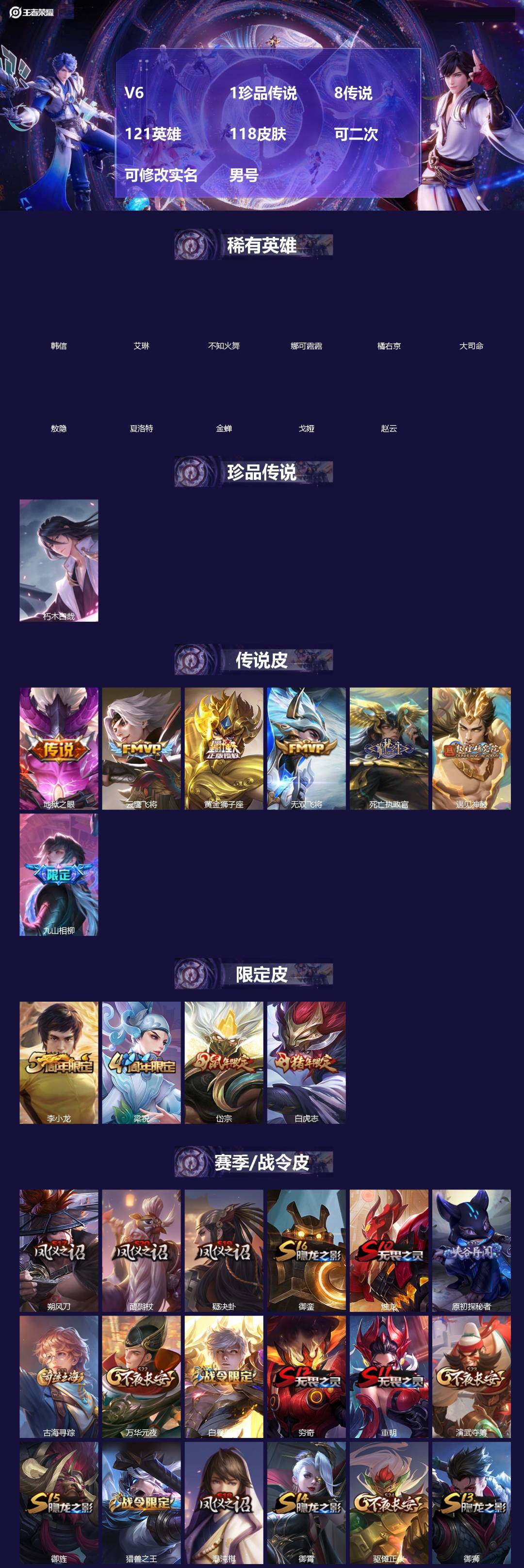 王者荣耀账号苹果QQ[]V6 1珍品传说 8传说 121英雄 118皮肤 可二次 可修改实名 男号 
【英雄全皮】敖隐全皮,空空儿全皮,孙权全皮,大禹全皮
【稀有英雄】敖隐(小龙人),大司命,韩信(韩跳跳),夏洛特(夏师