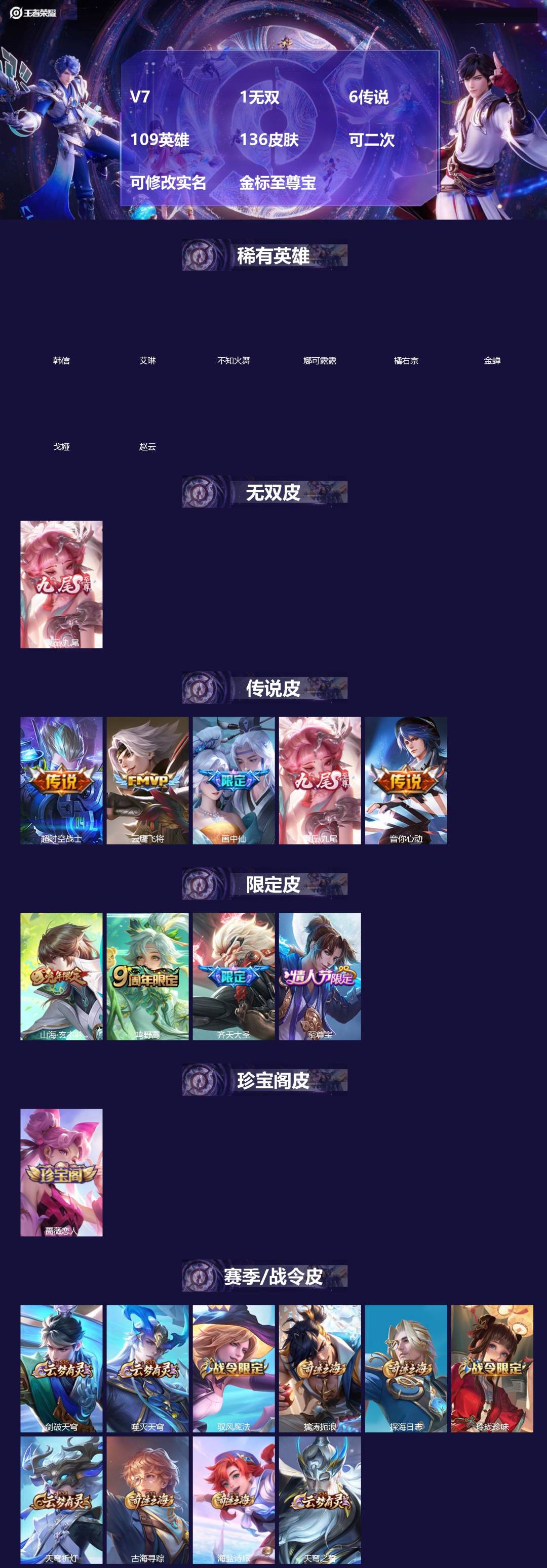 王者荣耀账号苹果QQ[]V7 1无双 6传说 109英雄 136皮肤 可二次 可修改实名 金标至尊宝
【稀有英雄】韩信(韩跳跳),艾琳,橘右京(橘子),娜可露露(鸟人),不知火舞,赵云,金蝉(唐僧),戈娅
【无双皮】青丘
