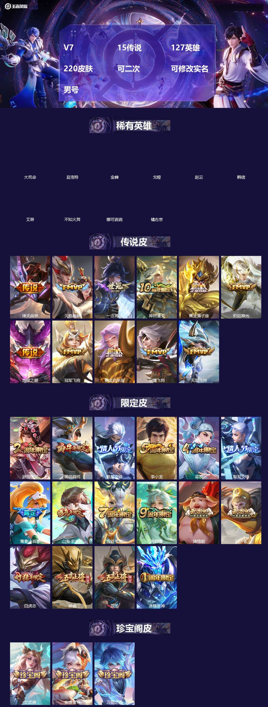王者荣耀账号苹果QQ[]V7 15传说 127英雄 220皮肤 可二次 可修改实名 男号 
【英雄全皮】孙权全皮,影全皮,大禹全皮
【稀有英雄】大司命,韩信(韩跳跳),夏洛特(夏师傅),艾琳,橘右京(橘子),娜可露露(鸟