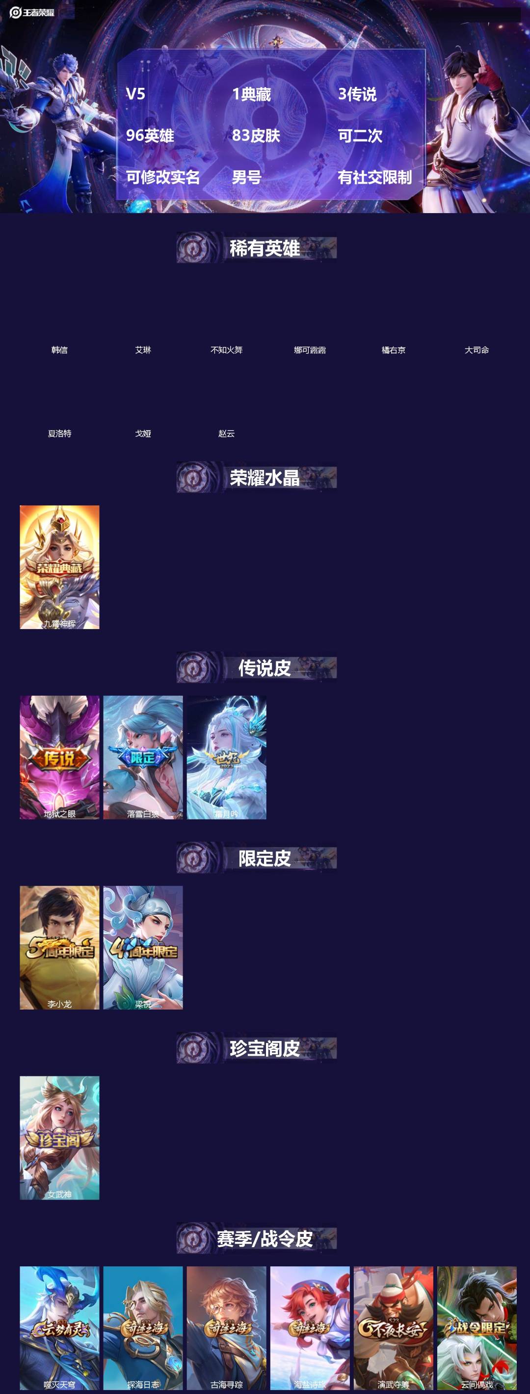 王者荣耀账号安卓VX[]V5 1典藏 3传说 96英雄 83皮肤 可二次 可修改实名 男号 有社交限制
【英雄全皮】蚩奼全皮
【稀有英雄】大司命,韩信(韩跳跳),夏洛特(夏师傅),艾琳,橘右京(橘子),娜可露露(鸟人),