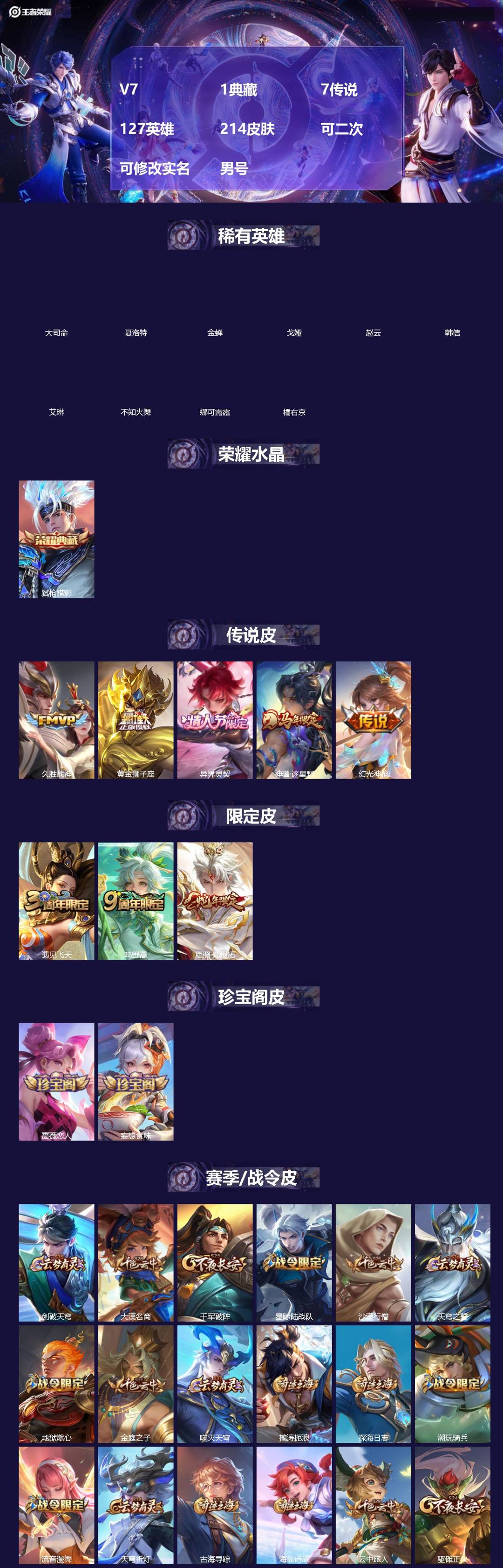 王者荣耀账号安卓VX[]V7 1典藏 7传说 127英雄 214皮肤 可二次 可修改实名 男号 
【英雄全皮】孙权全皮,蚩奼全皮,大禹全皮
【稀有英雄】大司命,韩信(韩跳跳),夏洛特(夏师傅),艾琳,橘右京(橘子),娜可