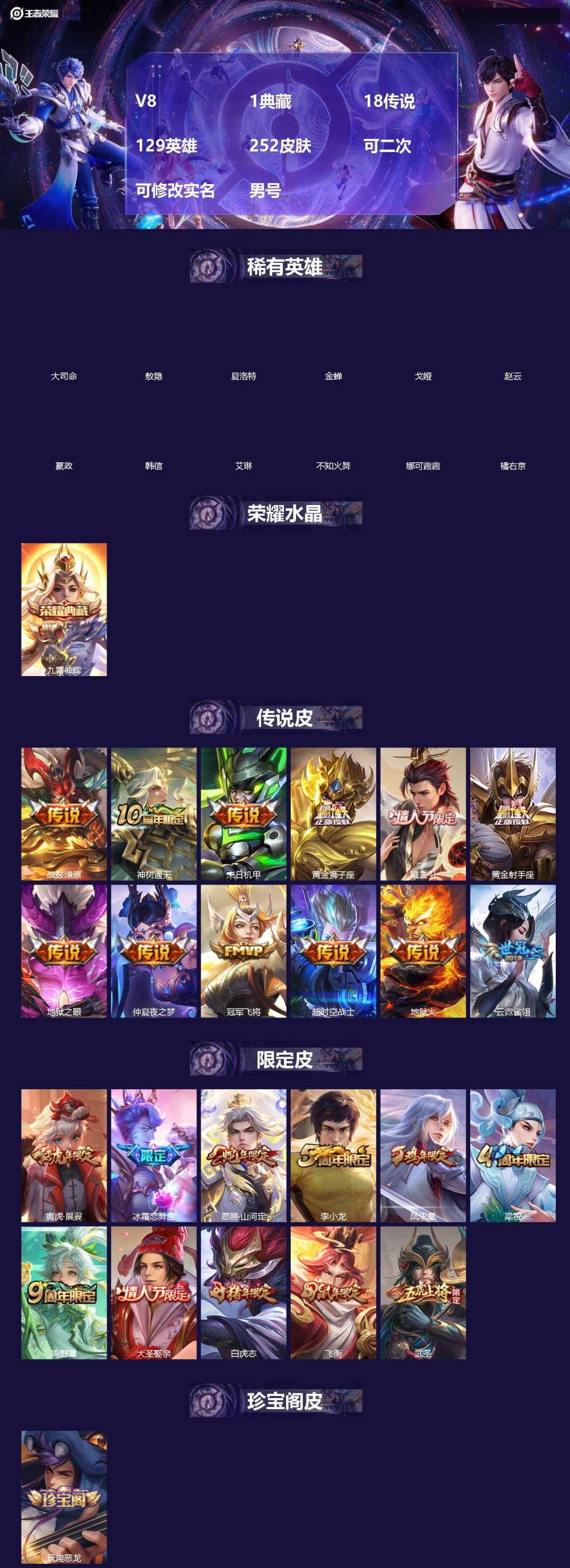 王者荣耀账号苹果QQ[]V8 1典藏 18传说 129英雄 252皮肤 可二次 可修改实名 男号 
【英雄全皮】司空震全皮,空空儿全皮,影全皮,大禹全皮
【稀有英雄】敖隐(小龙人),大司命,嬴政(始皇帝),韩信(韩跳跳)