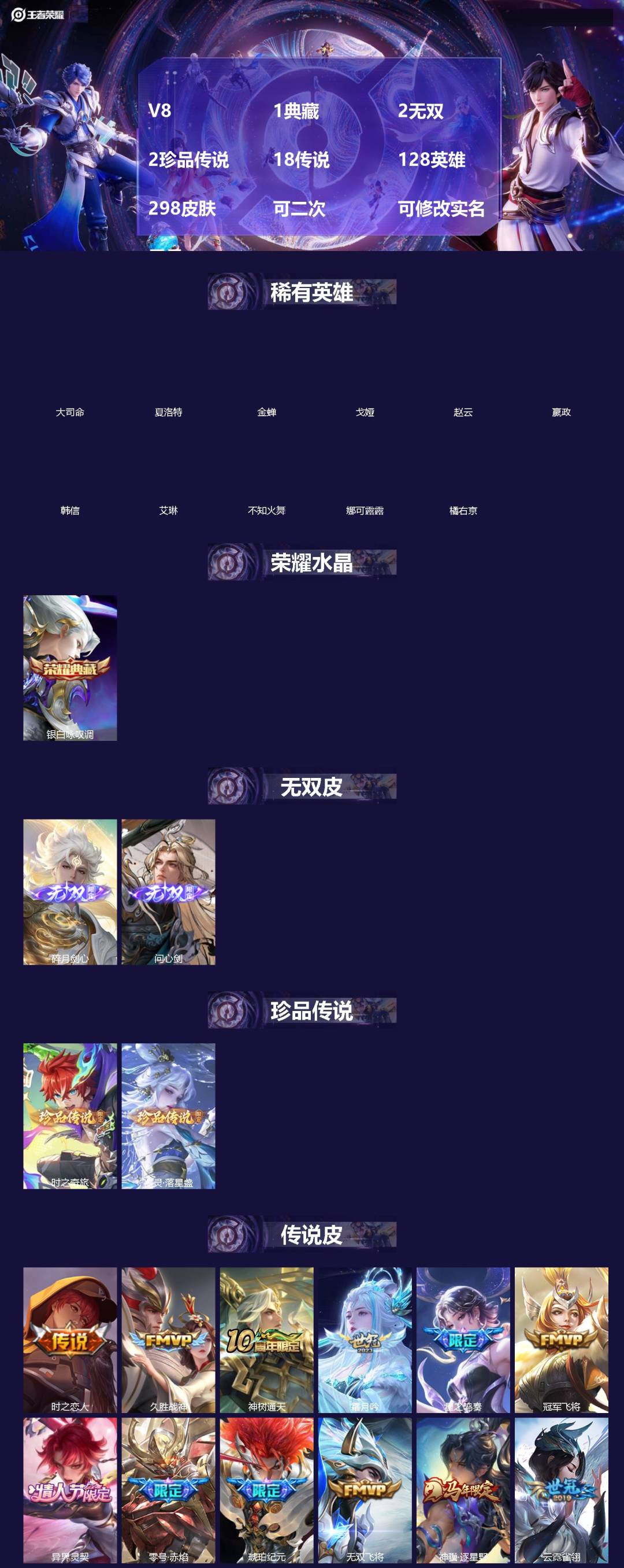 王者荣耀账号安卓QQ[]V8 1典藏 2无双 2珍品传说 18传说 128英雄 298皮肤 可二次 可修改实名 男号 
【英雄全皮】马超全皮,蚩奼全皮,海诺全皮,姬小满全皮,猪八戒全皮,影全皮,大禹全皮
【稀有英雄】大司