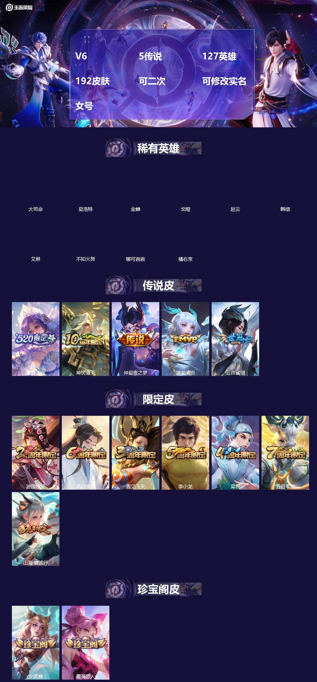 王者荣耀账号安卓QQ[]V6 5传说 127英雄 192皮肤 可二次 可修改实名 女号 
【英雄全皮】大禹全皮
【稀有英雄】大司命,韩信(韩跳跳),夏洛特(夏师傅),艾琳,橘右京(橘子),娜可露露(鸟人),不知火舞,赵云