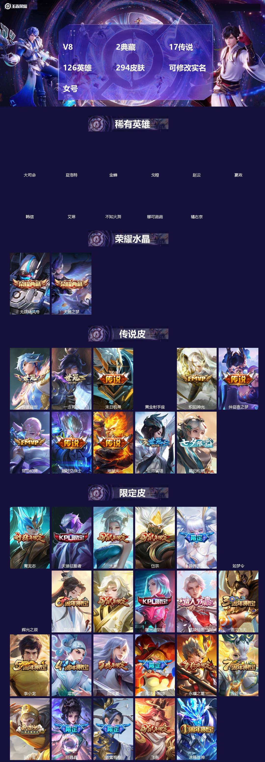 王者荣耀账号安卓QQ[]V8 2典藏 17传说 126英雄 294皮肤 可修改实名 女号 
【稀有英雄】大司命,嬴政(始皇帝),韩信(韩跳跳),夏洛特(夏师傅),艾琳,橘右京(橘子),娜可露露(鸟人),不知火舞,赵云,金