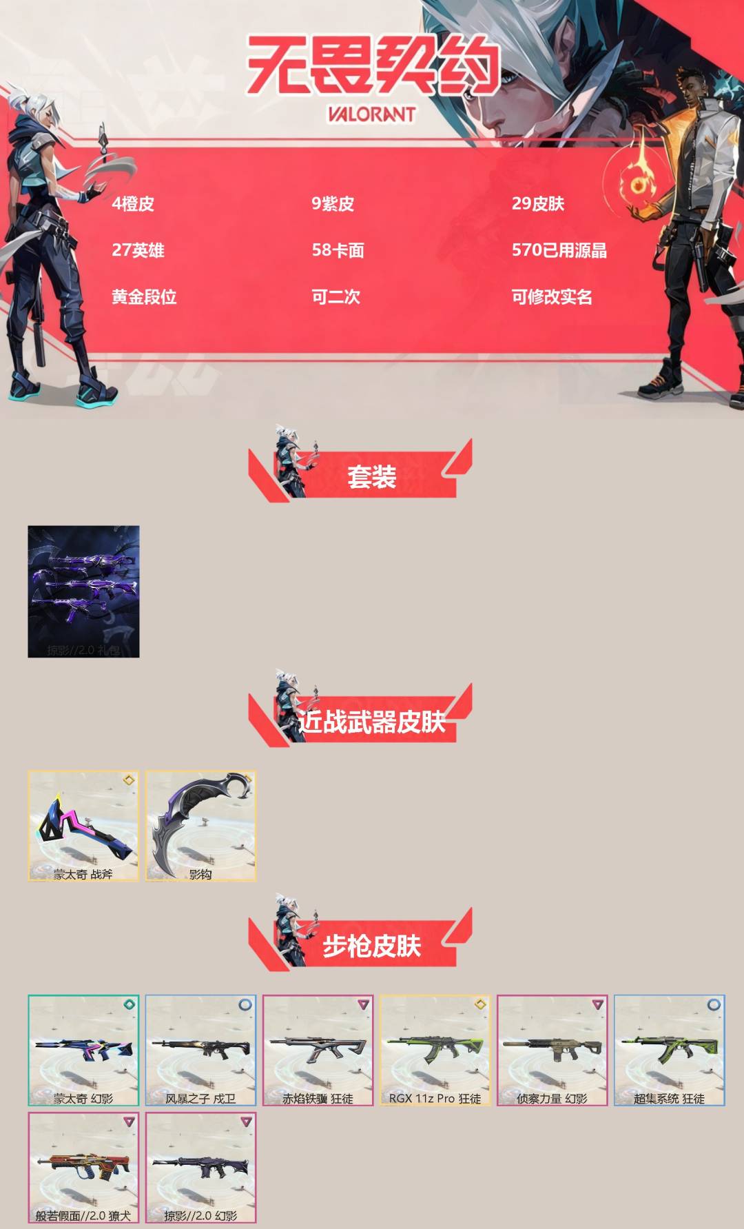 无畏契约账号微信[]4橙皮 9紫皮 29皮肤 27英雄 58卡面 570已用源晶 黄金段位 可二次 可修改实名 
【套装】掠影2.0套装
【近战武器皮肤】影钩,蒙太奇 战斧
【佩枪皮肤】鬼魅-掠影2.0,超集系统 标
