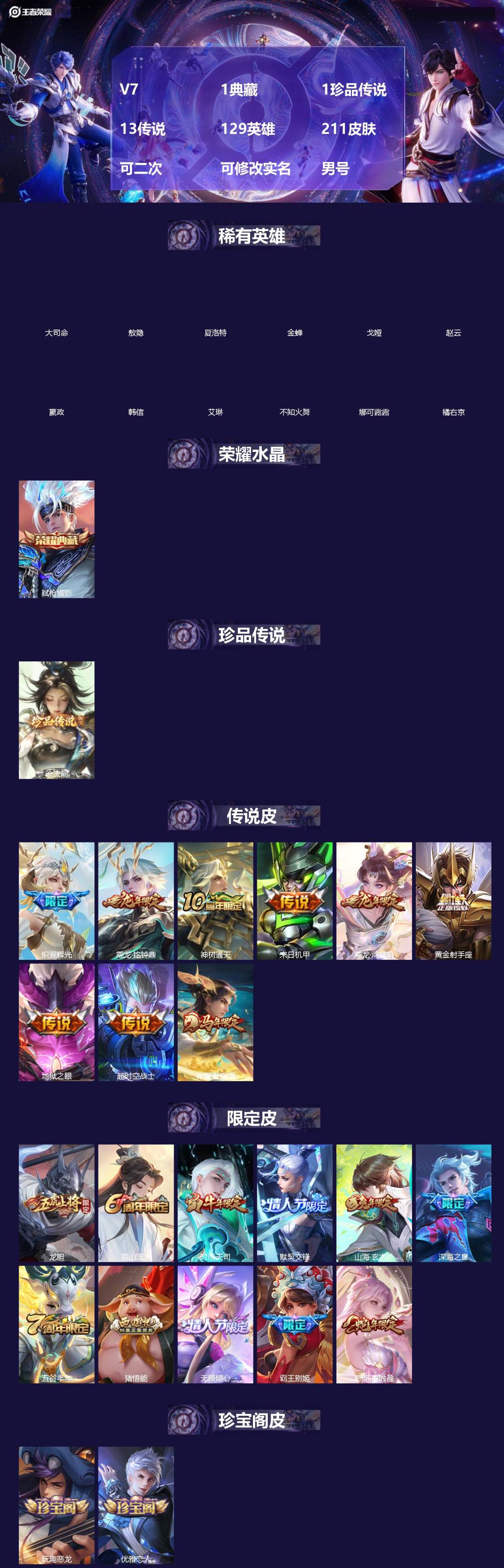 王者荣耀账号苹果VX[]V7 1典藏 1珍品传说 13传说 129英雄 211皮肤 可二次 可修改实名 男号 
【英雄全皮】敖隐全皮,孙权全皮,蚩奼全皮,大禹全皮
【稀有英雄】敖隐(小龙人),大司命,嬴政(始皇帝),韩信