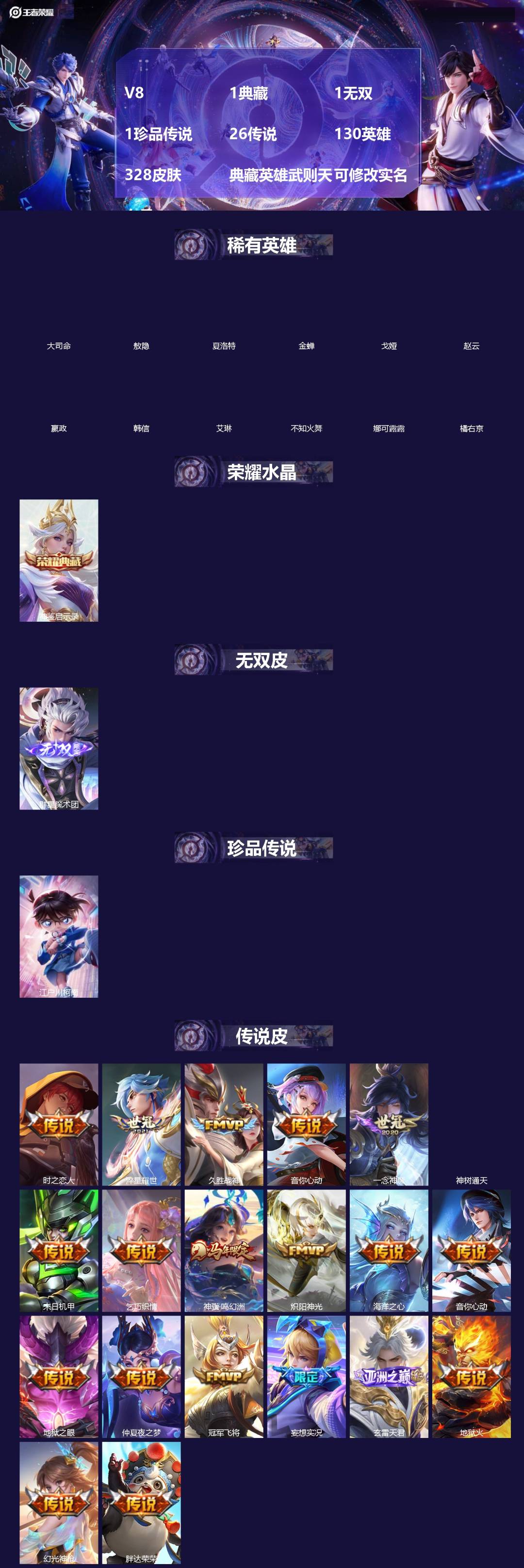 王者荣耀账号苹果QQ[]V8 1典藏 1无双 1珍品传说 26传说 130英雄 328皮肤 典藏英雄武则天 可修改实名 女号 
【英雄全皮】敖隐全皮,影全皮,大禹全皮
【稀有英雄】敖隐(小龙人),大司命,嬴政(始皇帝),