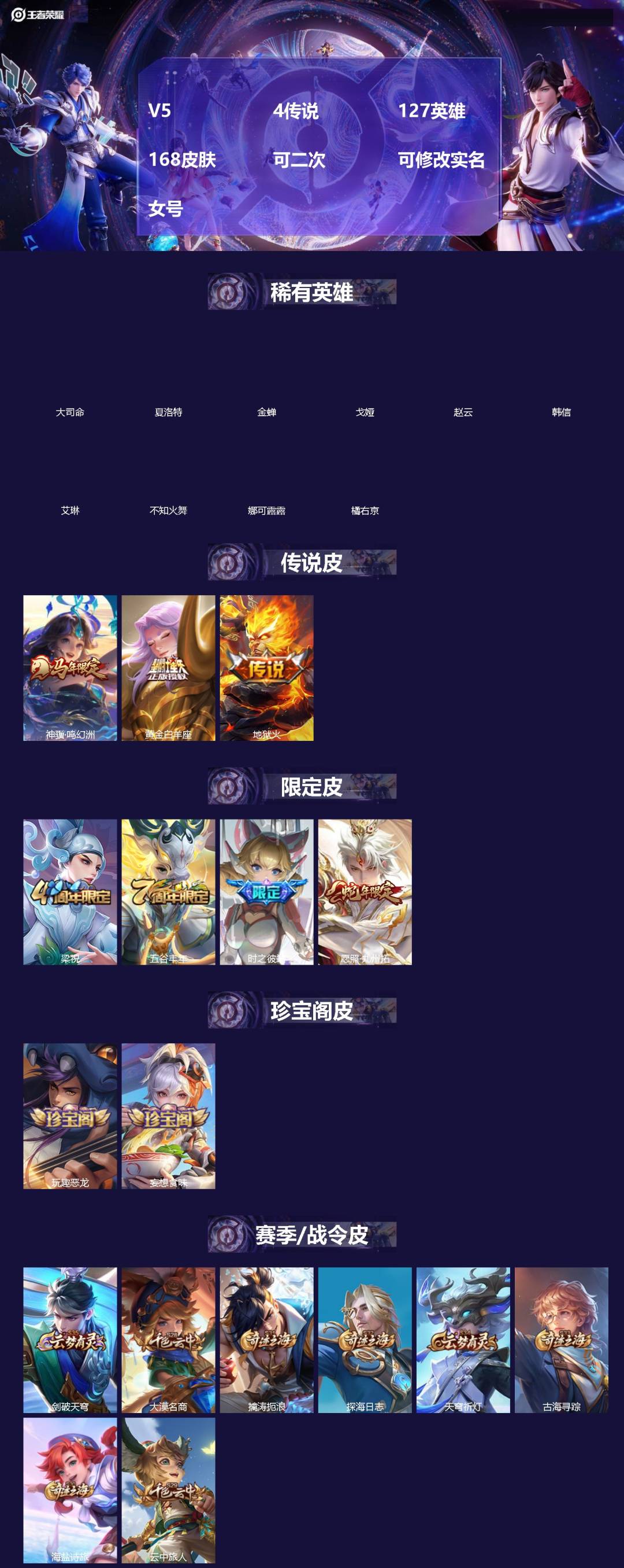 王者荣耀账号安卓QQ[]V5 4传说 127英雄 168皮肤 可二次 可修改实名 女号 
【英雄全皮】影全皮,大禹全皮
【稀有英雄】大司命,韩信(韩跳跳),夏洛特(夏师傅),艾琳,橘右京(橘子),娜可露露(鸟人),不知火