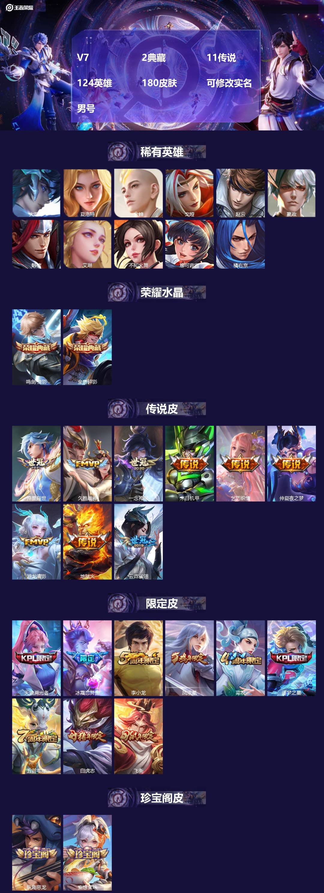 王者荣耀账号安卓QQ[]V7 2典藏 11传说 124英雄 180皮肤 可修改实名 男号 
【稀有英雄】大司命,嬴政(始皇帝),韩信(韩跳跳),夏洛特(夏师傅),艾琳,橘右京(橘子),娜可露露(鸟人),不知火舞,赵云,金