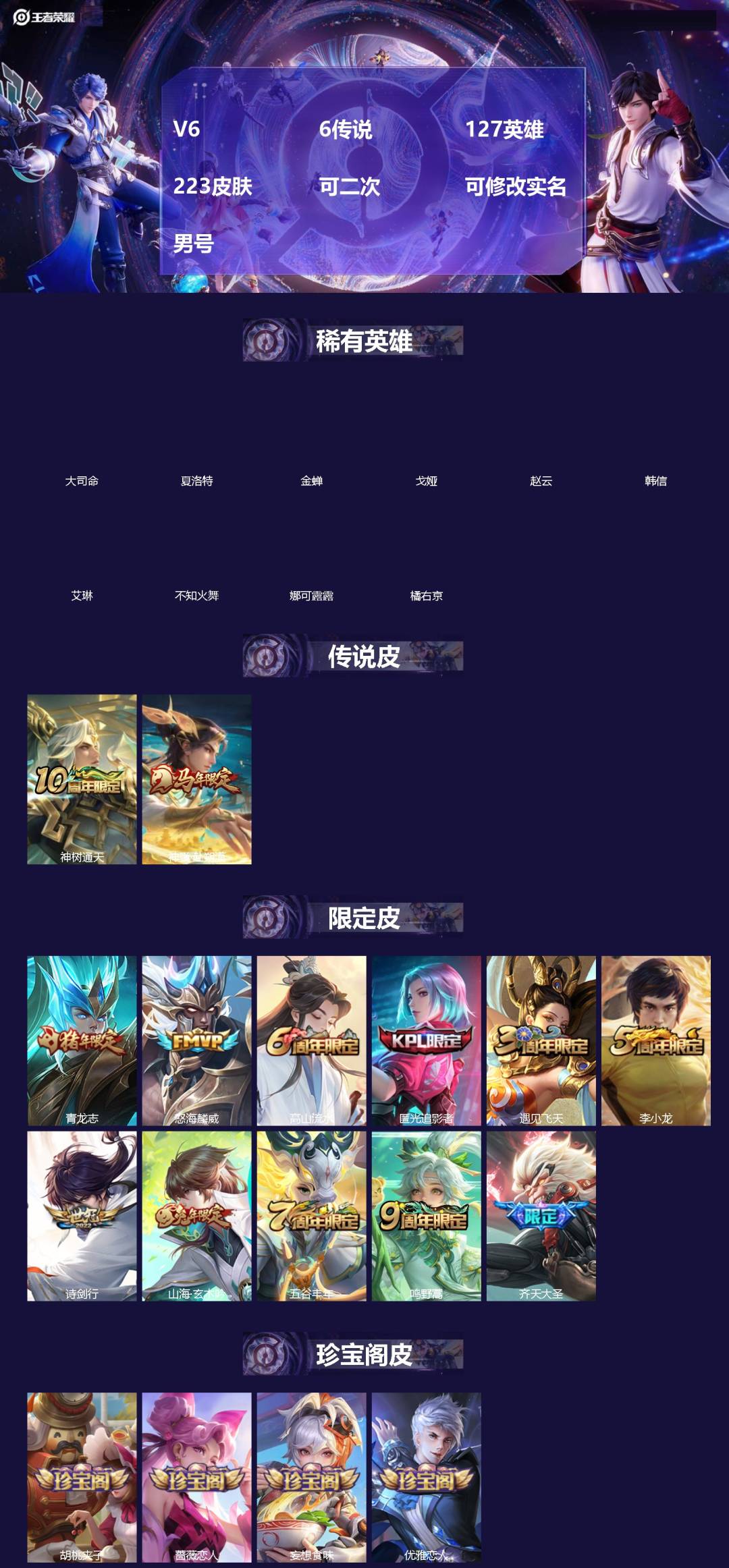 王者荣耀账号安卓QQ[]V6 6传说 127英雄 223皮肤 可二次 可修改实名 男号 
【英雄全皮】孙权全皮,大禹全皮
【稀有英雄】大司命,韩信(韩跳跳),夏洛特(夏师傅),艾琳,橘右京(橘子),娜可露露(鸟人),不知