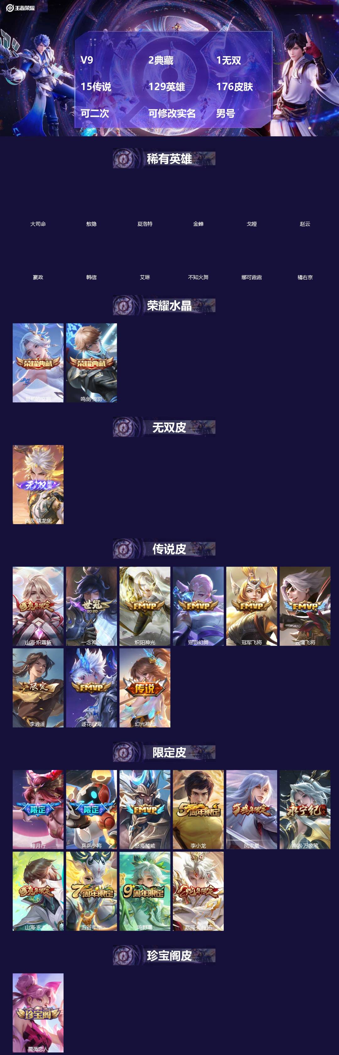 王者荣耀账号苹果QQ[]V9 2典藏 1无双 15传说 129英雄 176皮肤 可二次 可修改实名 男号 
【英雄全皮】影全皮,大禹全皮
【稀有英雄】敖隐(小龙人),大司命,嬴政(始皇帝),韩信(韩跳跳),夏洛特(夏师傅