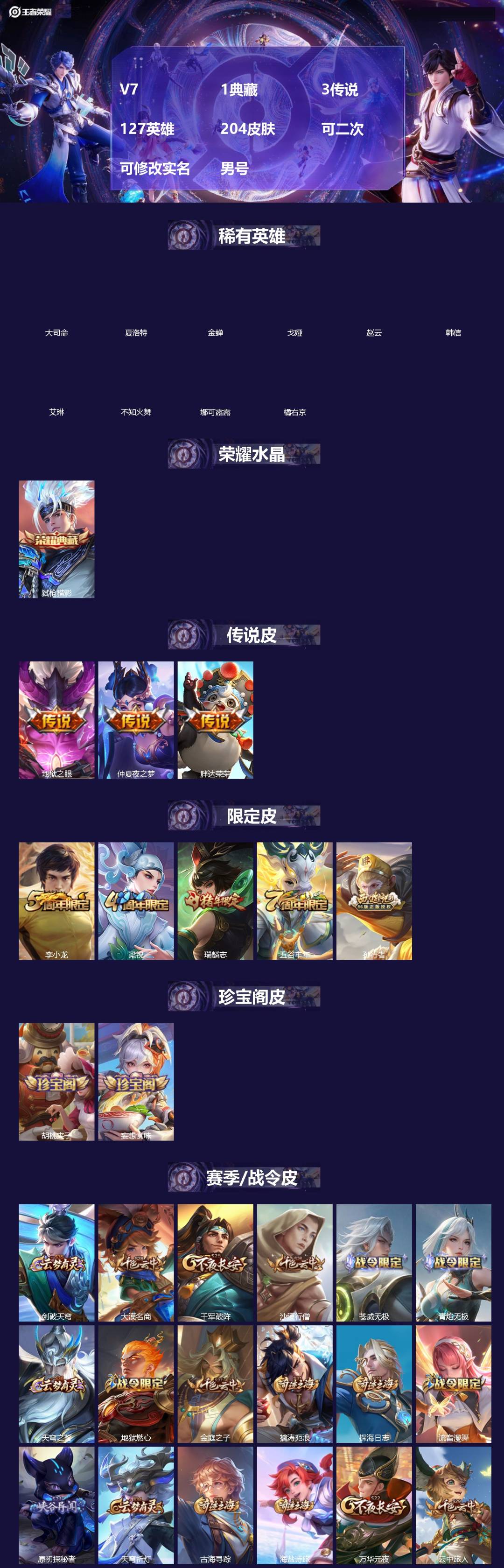 王者荣耀账号安卓QQ[]V7 1典藏 3传说 127英雄 204皮肤 可二次 可修改实名 男号 
【英雄全皮】大禹全皮
【稀有英雄】大司命,韩信(韩跳跳),夏洛特(夏师傅),艾琳,橘右京(橘子),娜可露露(鸟人),不知火