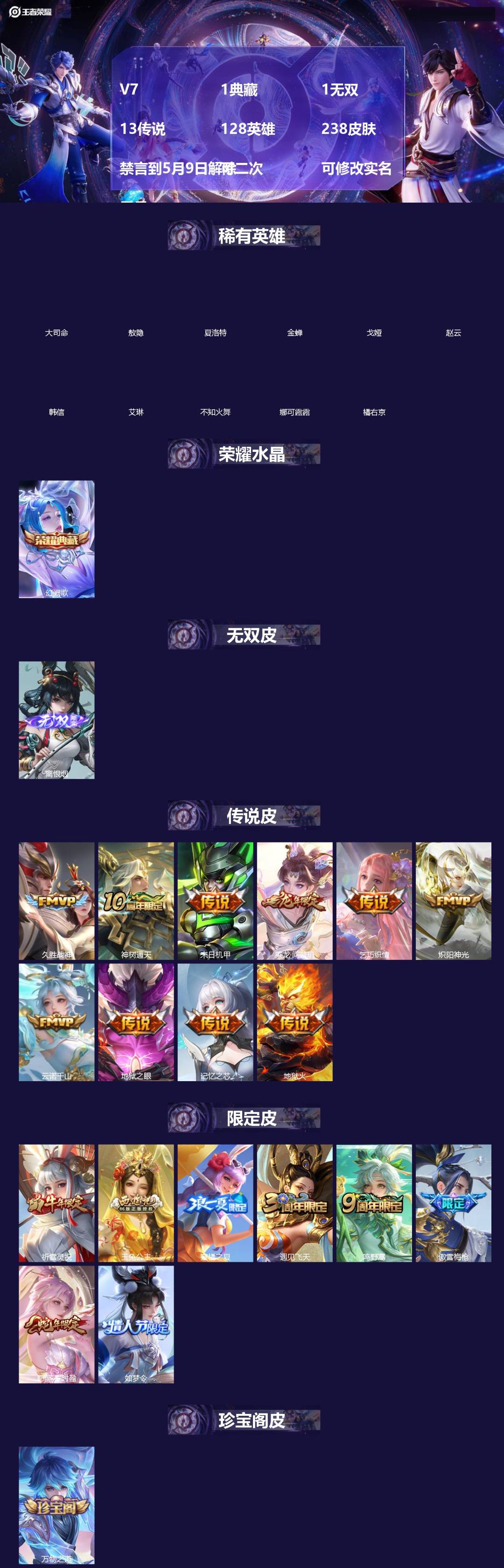 王者荣耀账号安卓QQ[]V7 1典藏 1无双 13传说 128英雄 238皮肤 禁言到5月9日解除 可二次 可修改实名 男号 
【英雄全皮】敖隐全皮,孙权全皮,蚩奼全皮,公孙离全皮,苍全皮,戈娅全皮,影全皮,大禹全皮
【