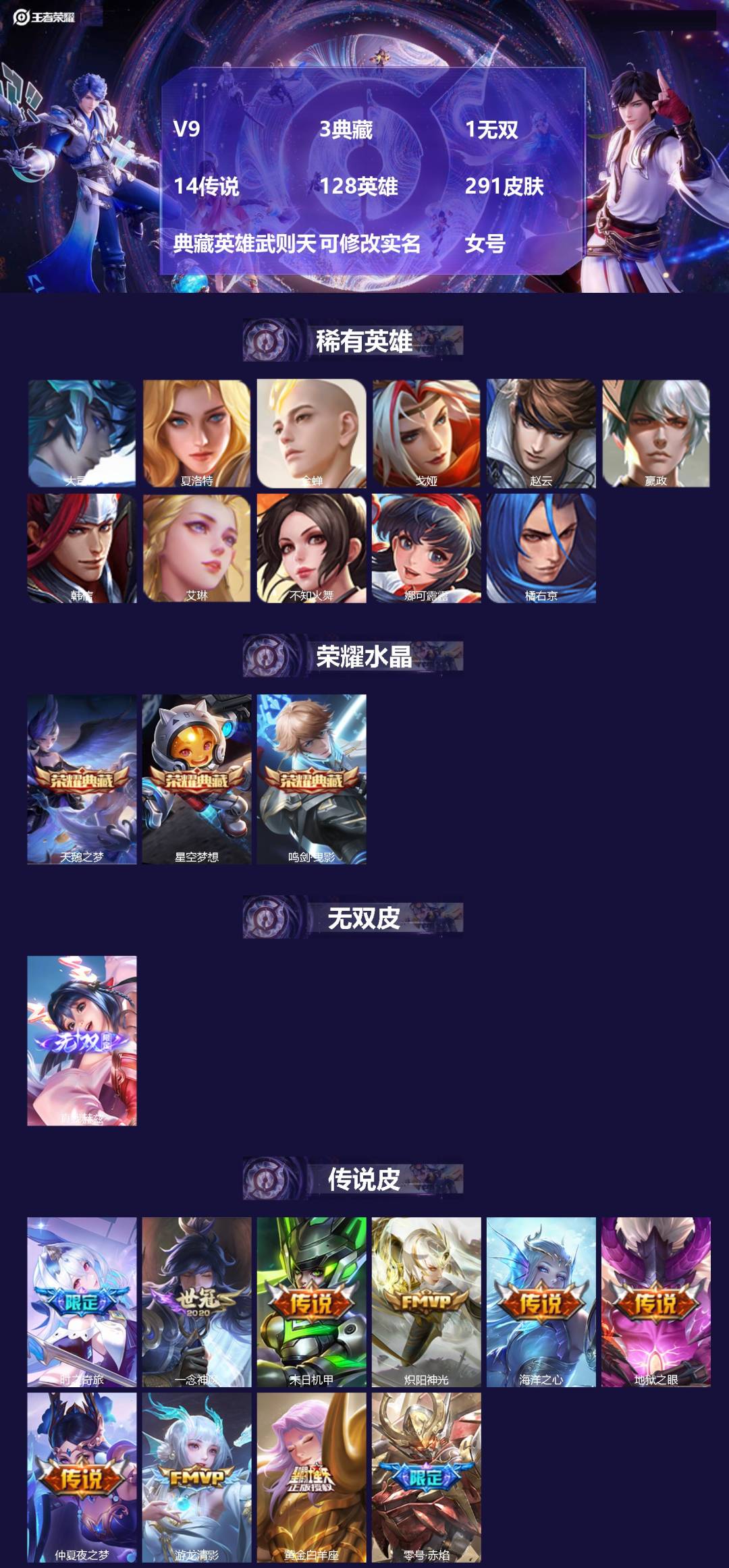 王者荣耀账号苹果QQ[]V9 3典藏 1无双 14传说 128英雄 291皮肤 典藏英雄武则天 可修改实名 女号 
【英雄全皮】空空儿全皮,孙权全皮,蚩奼全皮,影全皮,大禹全皮
【稀有英雄】大司命,嬴政(始皇帝),韩信(
