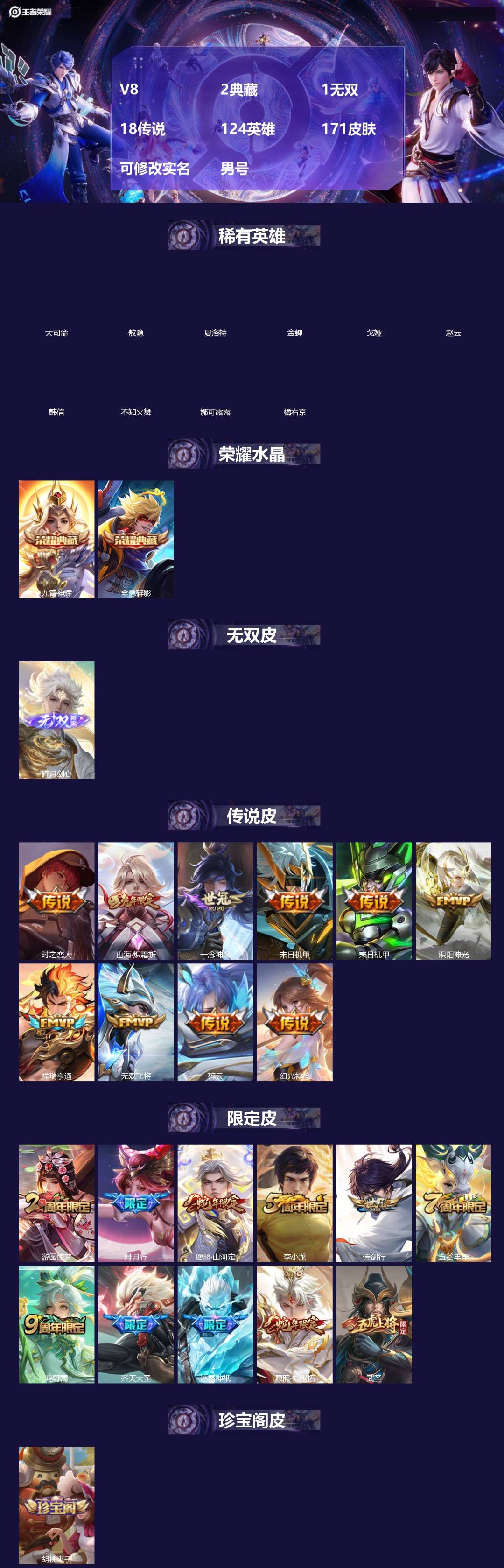 王者荣耀账号安卓VX[]V8 2典藏 1无双 18传说 124英雄 171皮肤 可修改实名 男号 
【英雄全皮】司空震全皮
【稀有英雄】敖隐(小龙人),大司命,韩信(韩跳跳),夏洛特(夏师傅),橘右京(橘子),娜可露露(