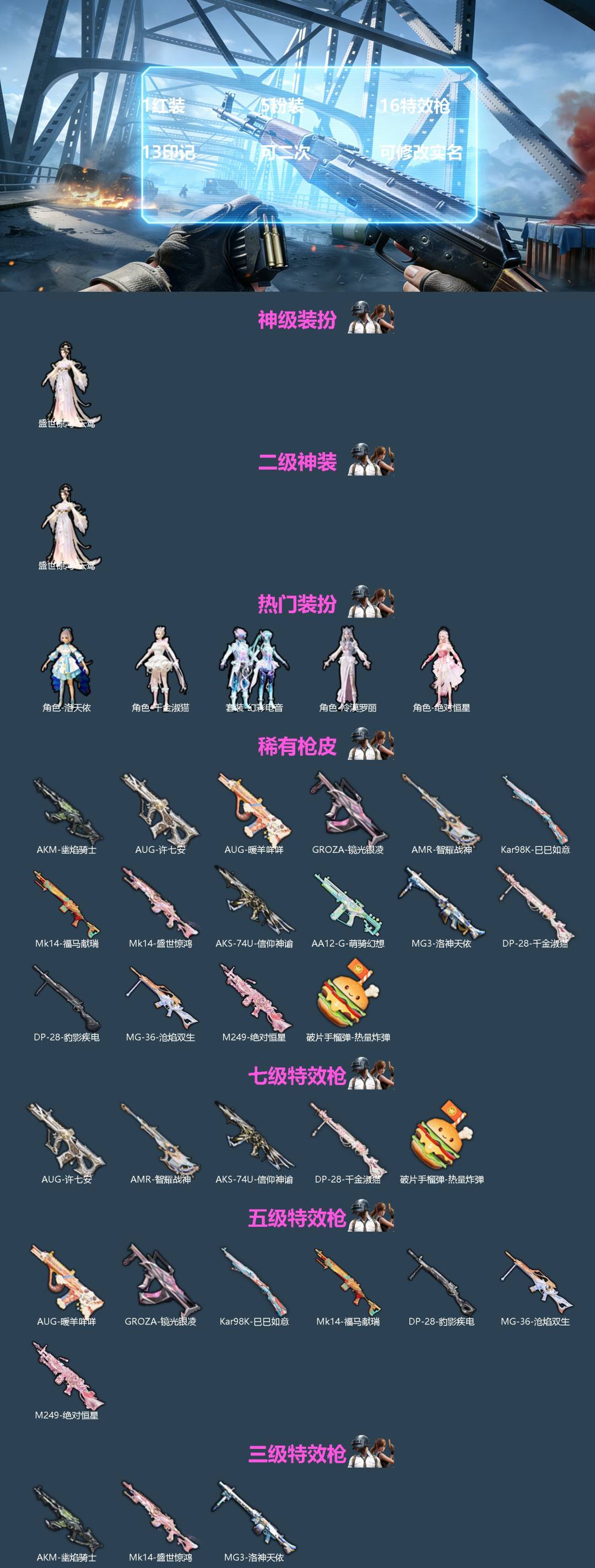 和平精英账号安卓QQ[]1红装 5粉装 16特效枪 13印记 可二次 可修改实名 
【二级神装】二级盛世惊鸿-云鸾
【热门装扮】千金淑猫,幻彩电音,冷漠罗丽,绝对恒星,洛天依
【稀有枪皮】AUG-暖羊咩咩,破片手榴弹-热