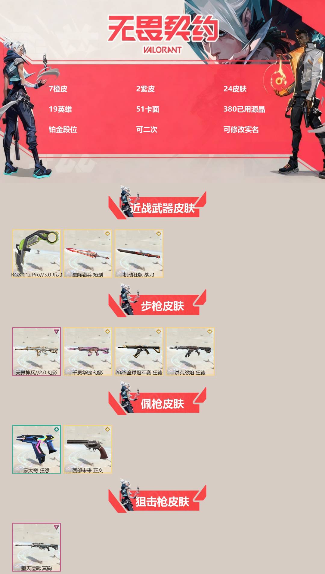 无畏契约账号QQ[]7橙皮 2紫皮 24皮肤 19英雄 51卡面 380已用源晶 铂金段位 可二次 可修改实名 
【近战武器皮肤】星际猎兵 短剑,机动狂飙战刀,爪刀-RGX 11z Pro 3.0
【佩枪皮肤】正义-