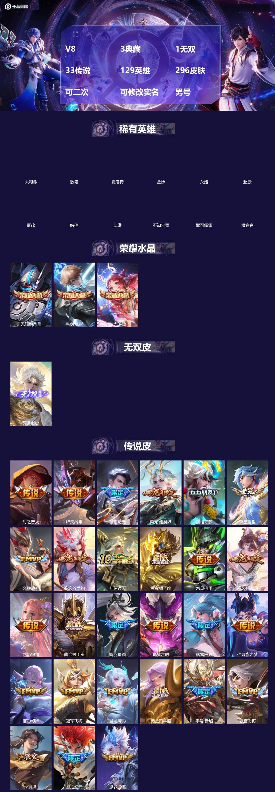 王者荣耀账号苹果QQ[]V8 3典藏 1无双 33传说 129英雄 296皮肤 可二次 可修改实名 男号 
【英雄全皮】敖隐全皮,大禹全皮
【稀有英雄】敖隐(小龙人),大司命,嬴政(始皇帝),韩信(韩跳跳),夏洛特(夏师